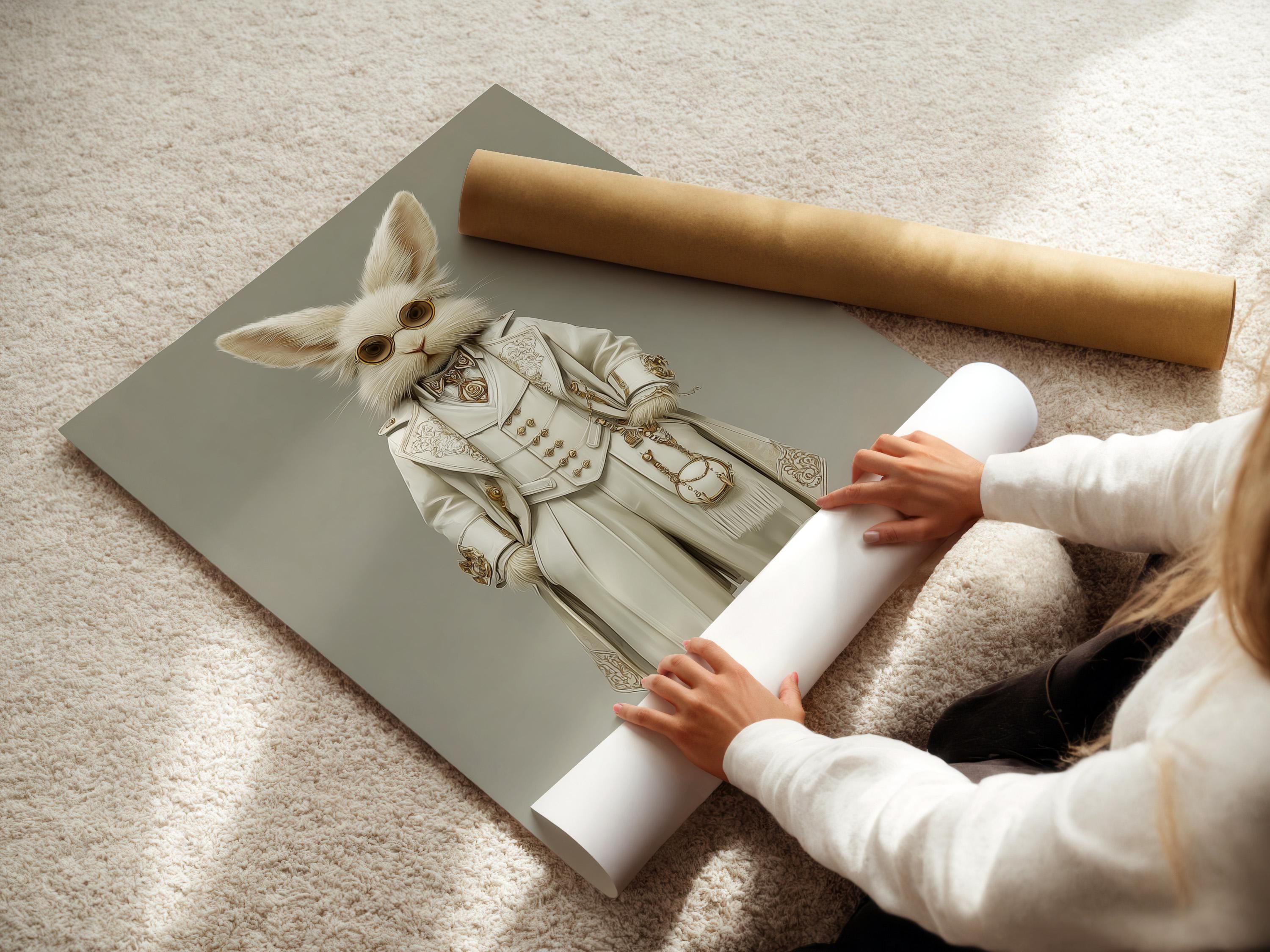 A framed rabbit portrait artwork featuring a white rabbit with round gold spectacles and a Victorian outfit