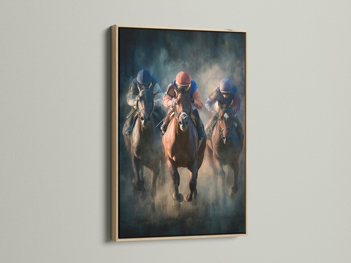 Painterly horse racing scene with jockeys in helmets riding galloping horses detail view