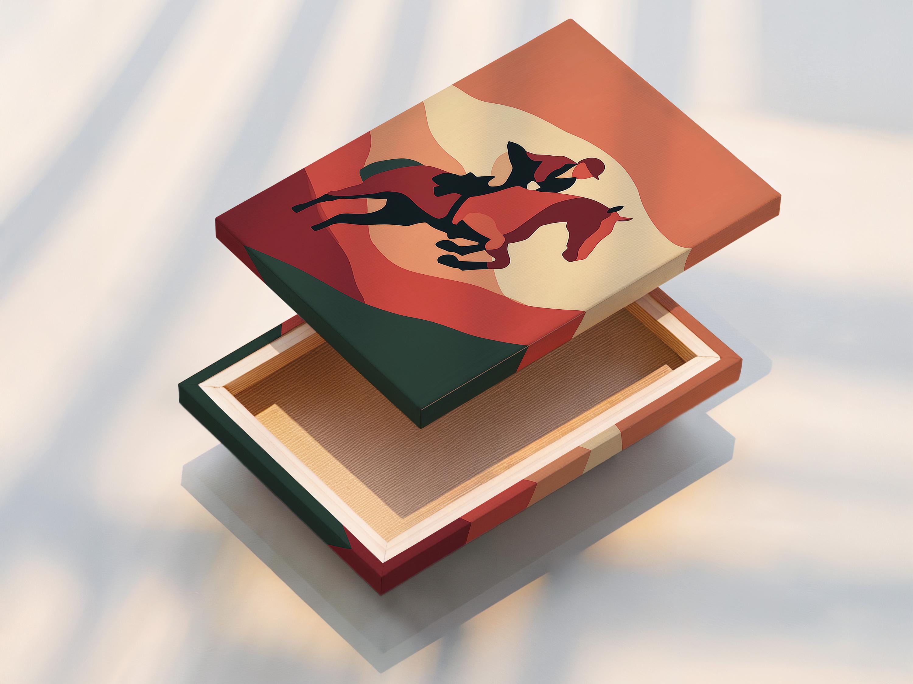 Room mockup showing framed horse and rider artwork in terracotta tones
