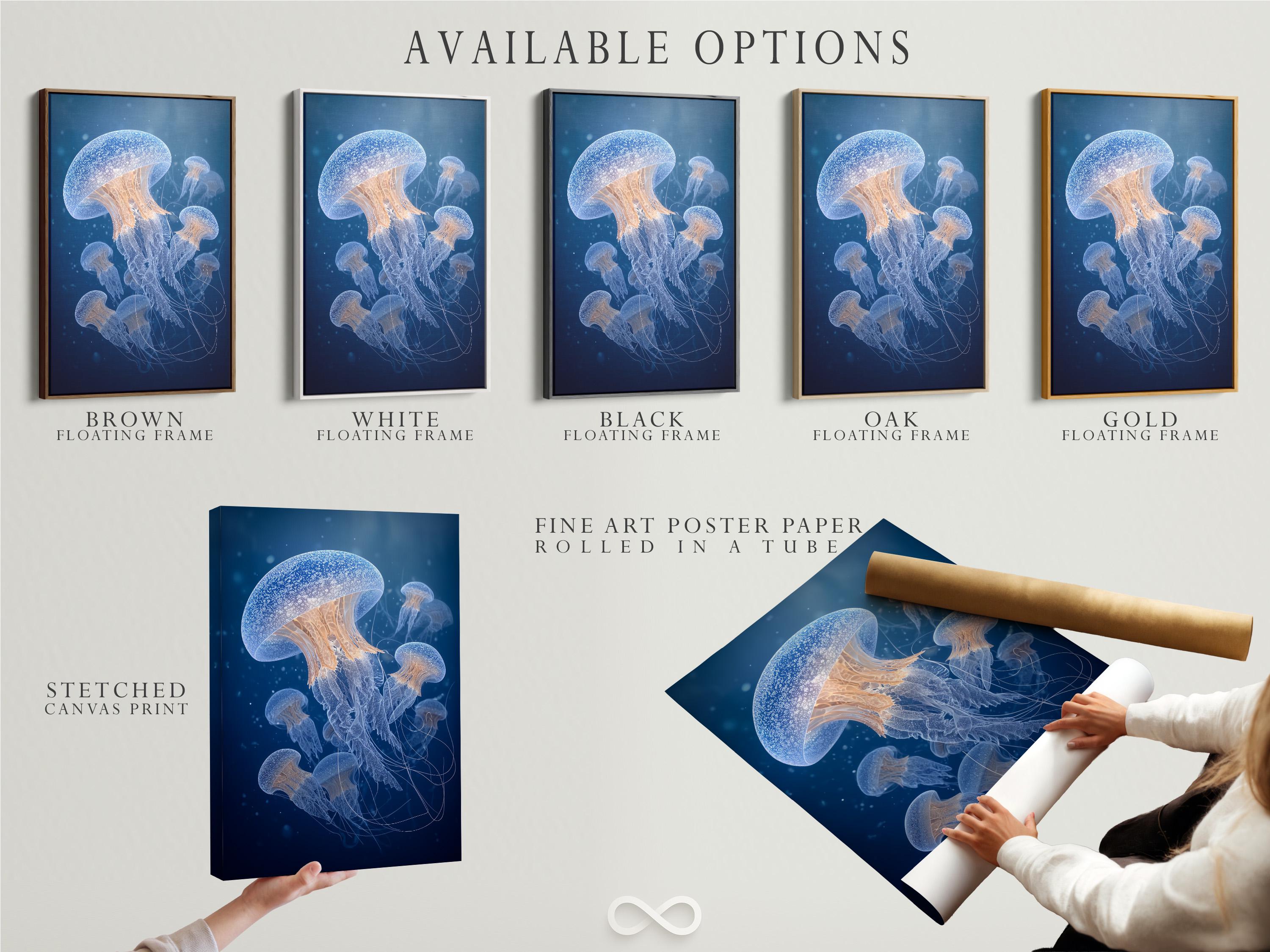 A framed artwork showing blue jellyfish on a deep navy ocean background