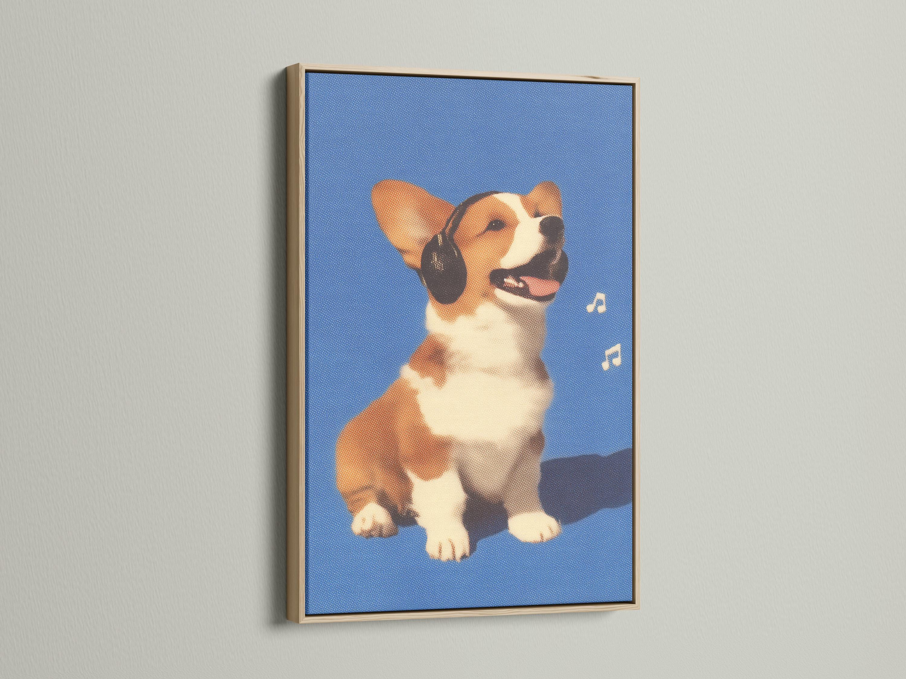 A stylised corgi dog portrait sits against a speckled blue background, wearing large headphones and shown smiling with small musical notes nearby