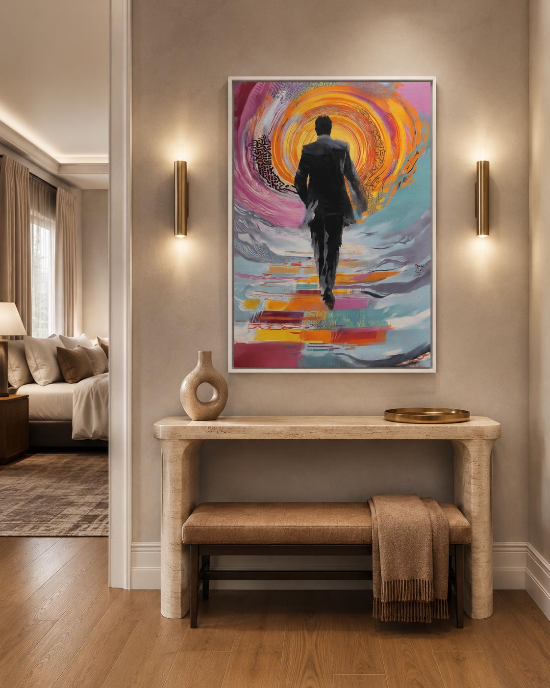 Person seated in a living room with a framed abstract man silhouette artwork on the wall