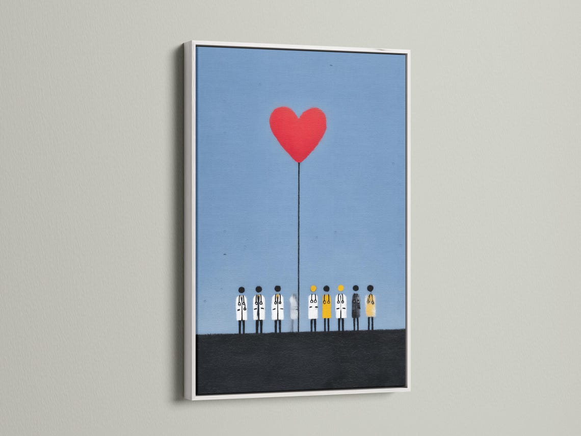 Red heart balloon above stylised healthcare workers in white coats on a light-blue textured background detail view