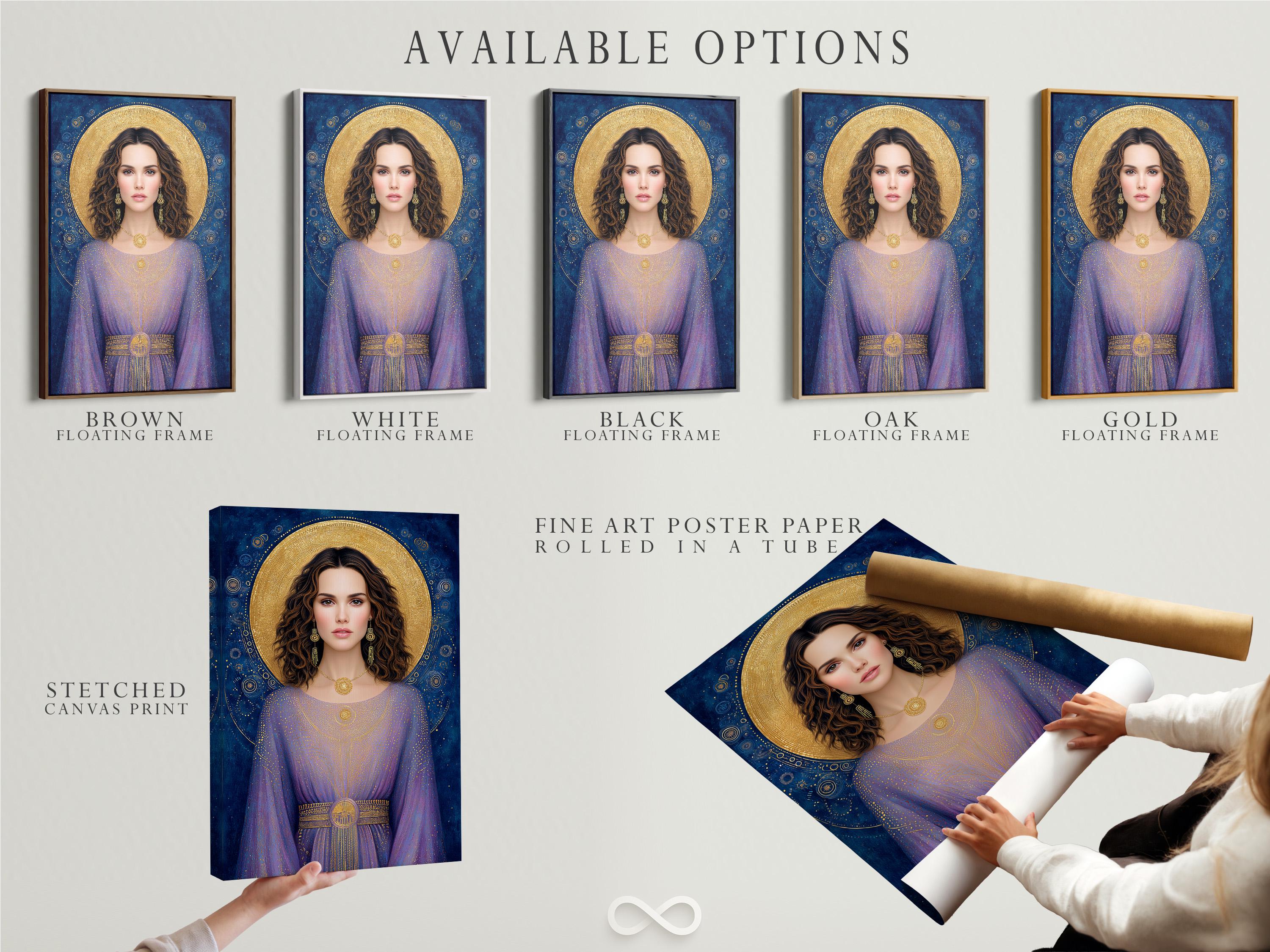 Celestial goddess portrait with a gold halo, blue and purple robe, and decorative star-like speckles detail view
