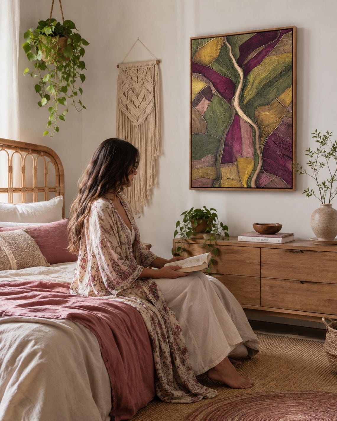 Room mockup with a framed abstract landscape artwork in green and plum tones