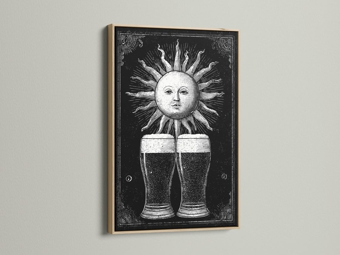 Black and white sun face with radiating rays above two mirrored beer mugs detail view