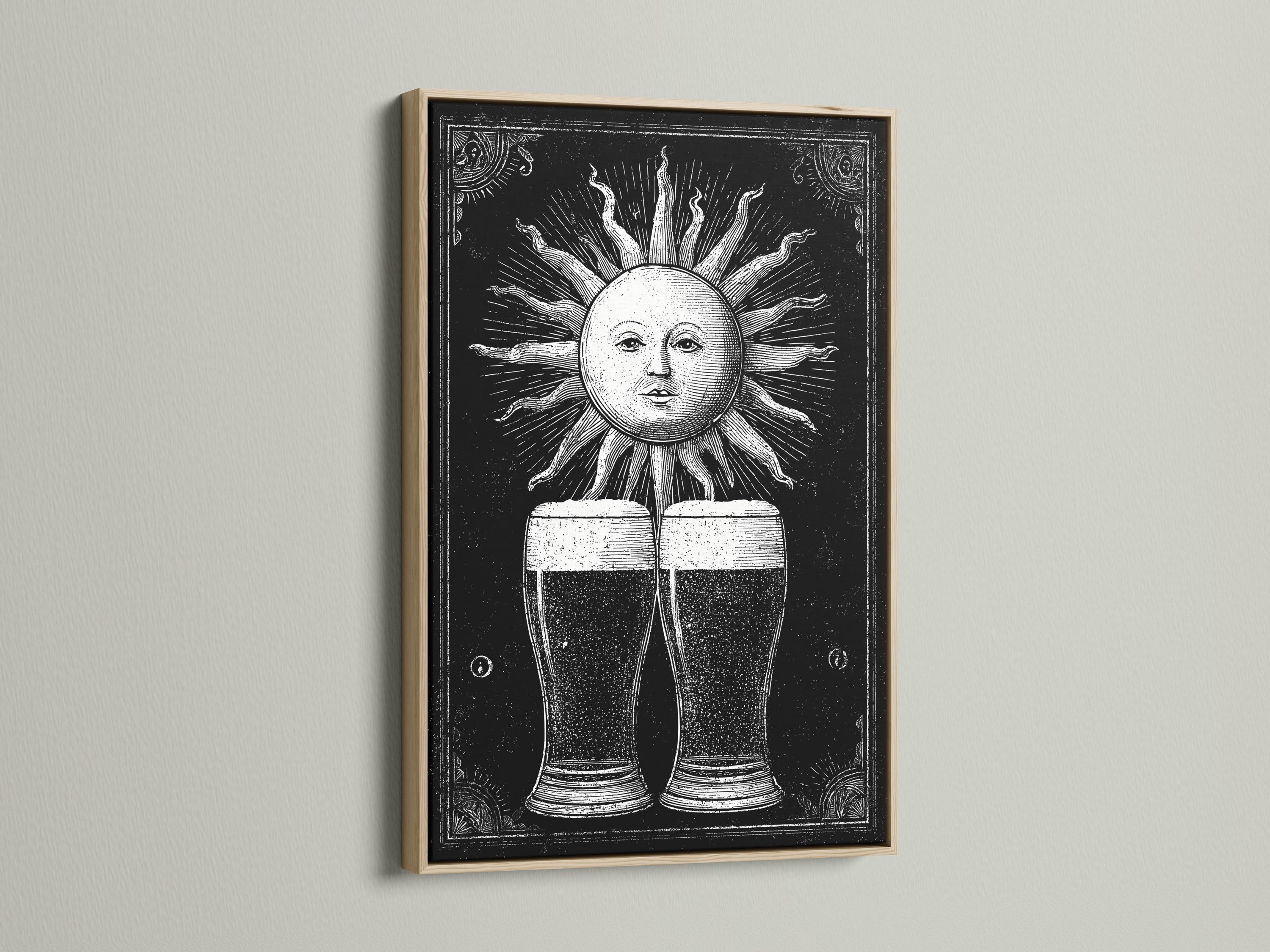 Black and white sun face with radiating rays above two mirrored beer mugs detail view