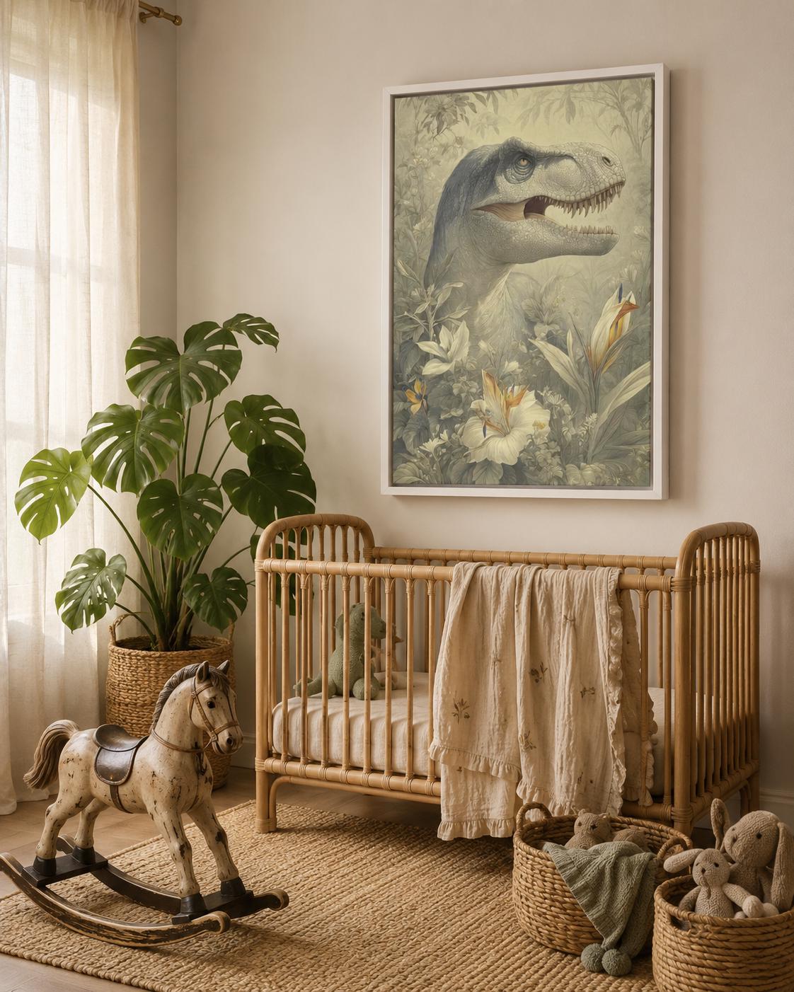 Woman standing in a room next to a framed dinosaur and botanical illustration on the wall