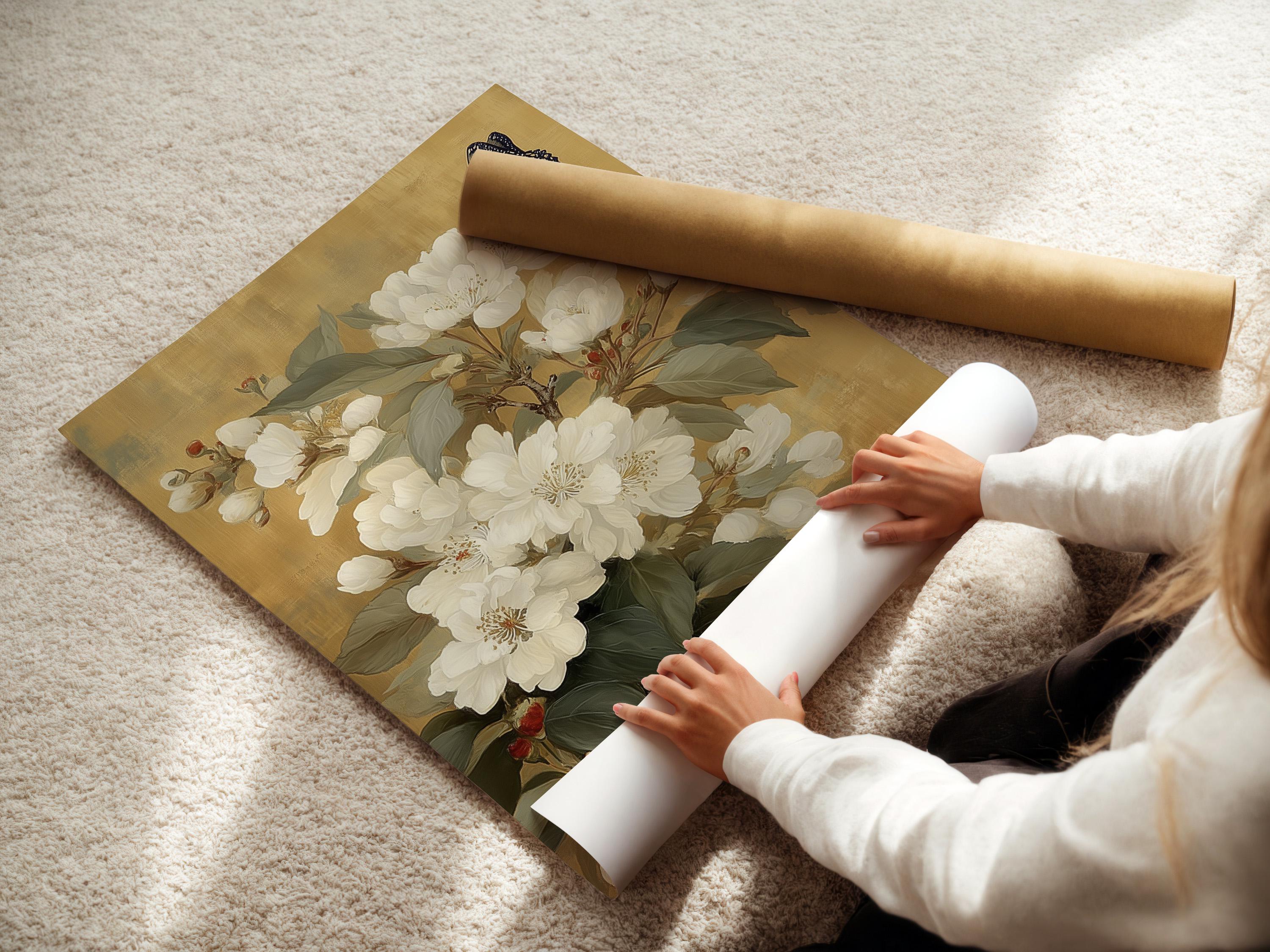 White blossom flowers with green leaves and a butterfly on a warm beige background detail view
