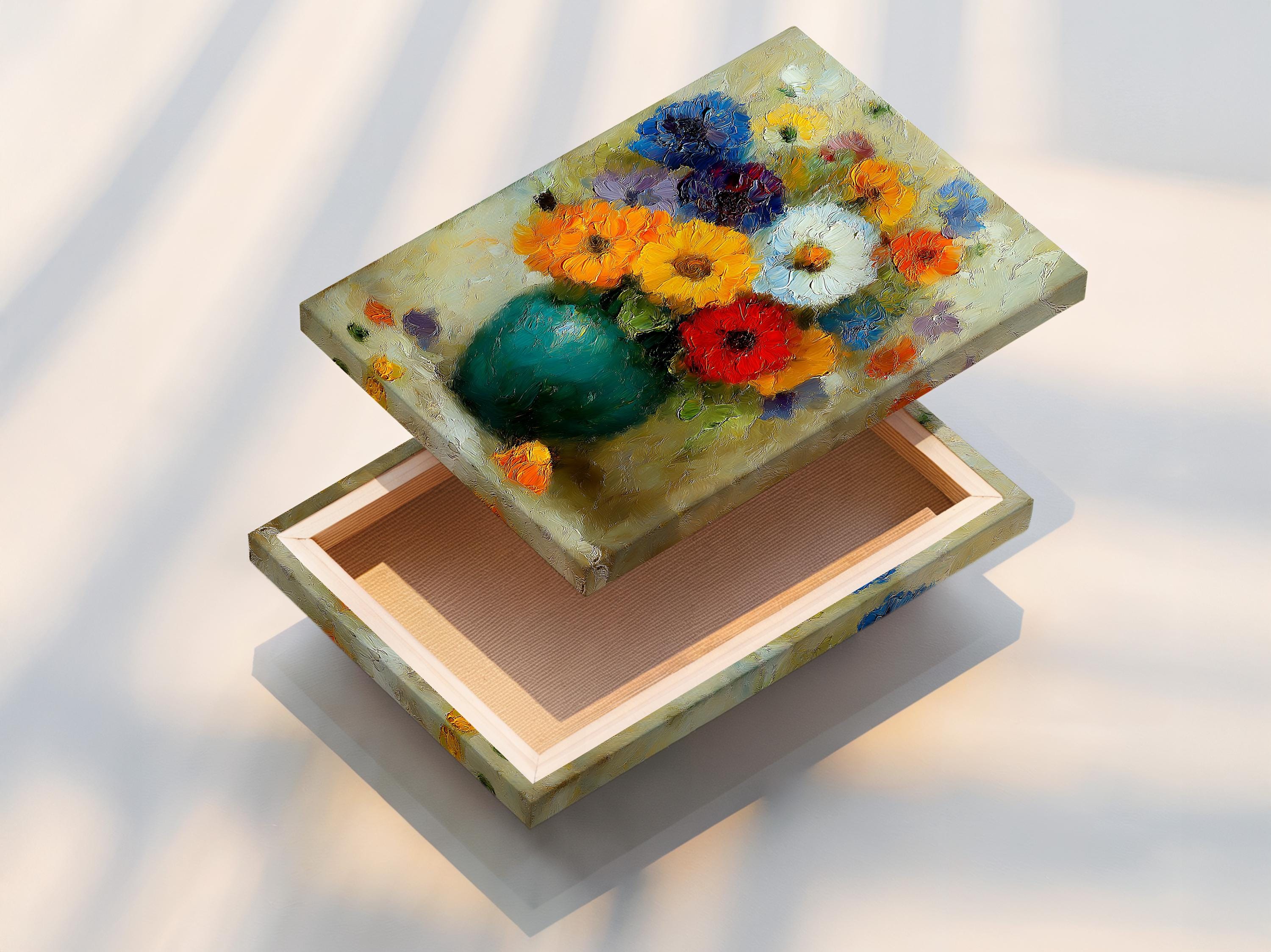 Painterly impressionist bouquet of multicoloured flowers on a creamy textured background detail view