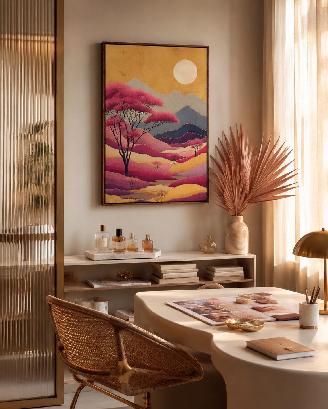 Painterly mountain landscape with blush-pink blossom trees, layered ridges and a pale moon in warm gold tones detail view