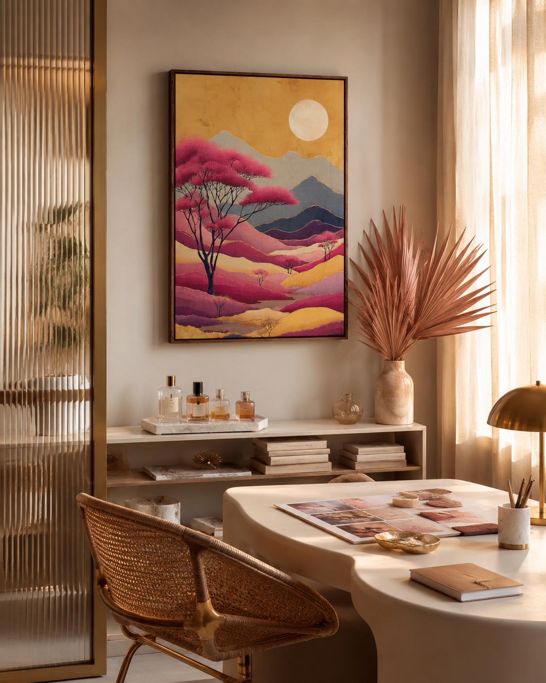 Painterly mountain landscape with blush-pink blossom trees, layered ridges and a pale moon in warm gold tones detail view