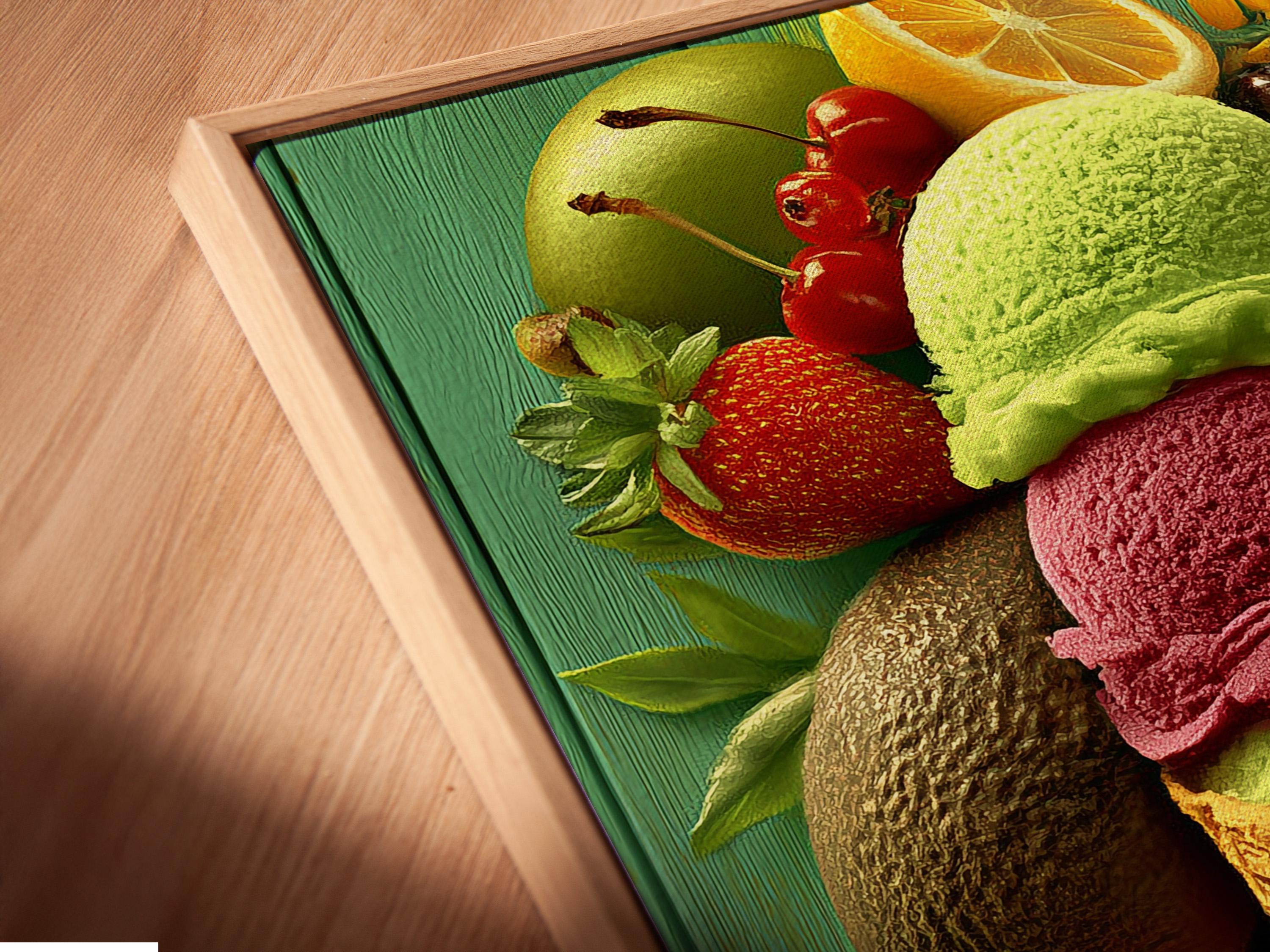 A vivid illustration shows an ice-cream cone filled with green, pink and brown scoops, topped with surrounding fruit and small flowers on a teal