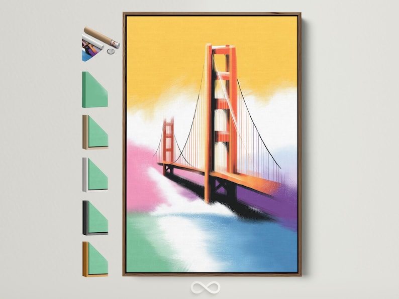 Stylised bridge artwork with warm golden sky, red-orange structure, pink clouds and blue water reflections