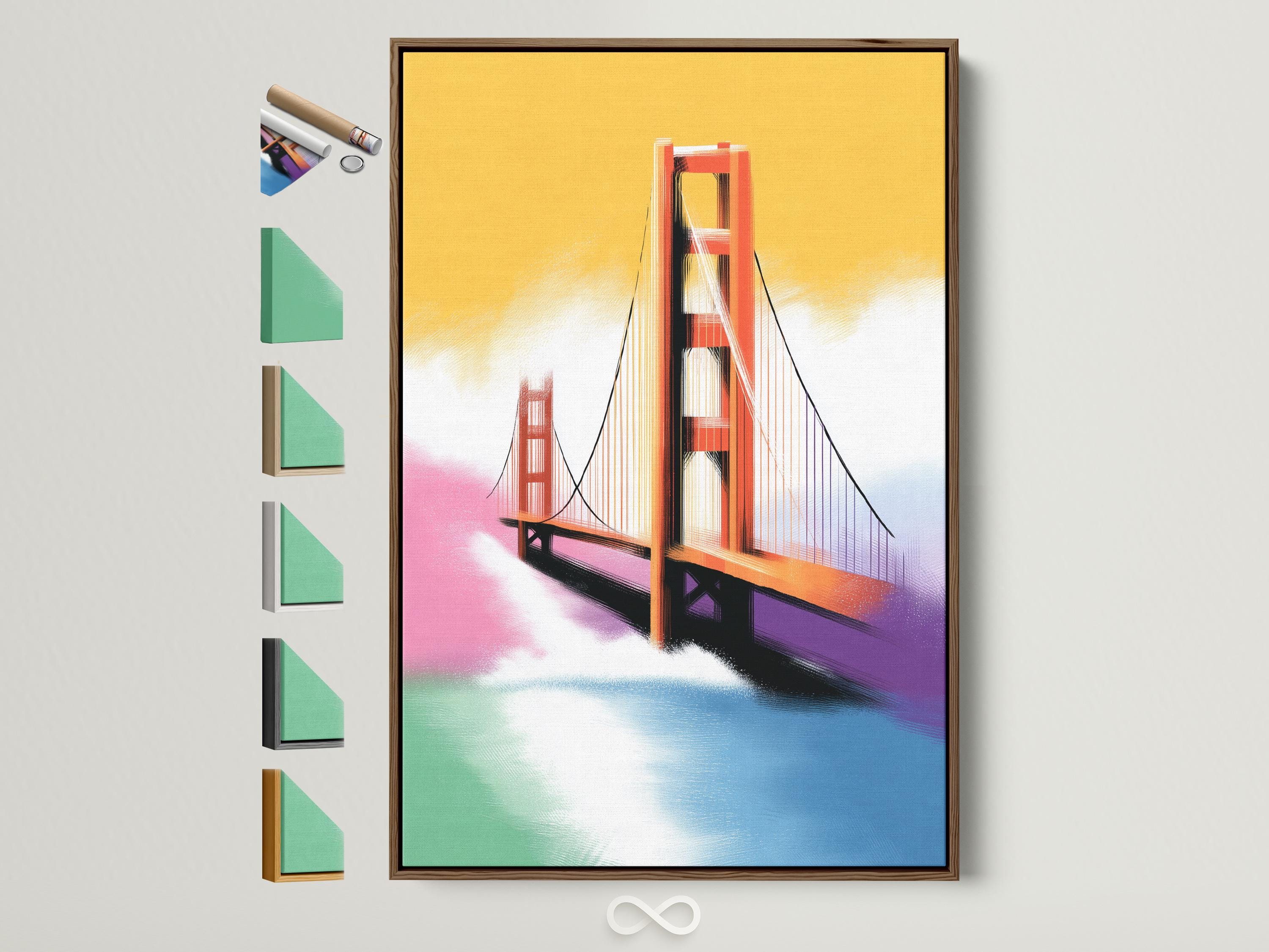 Stylised bridge artwork with warm golden sky, red-orange structure, pink clouds and blue water reflections