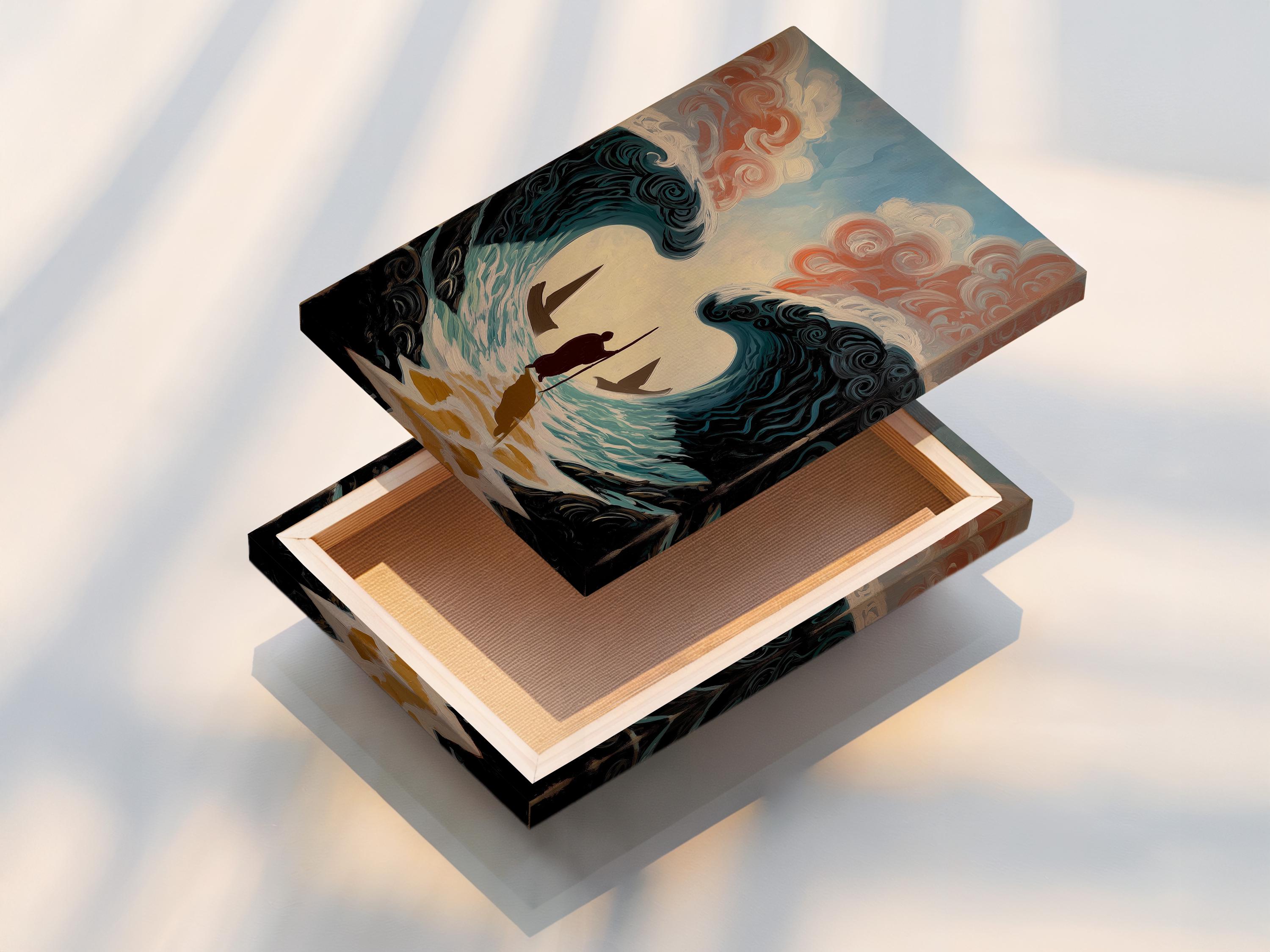Artwork mockup showing an ocean waves painting on a wall with several angled frame previews