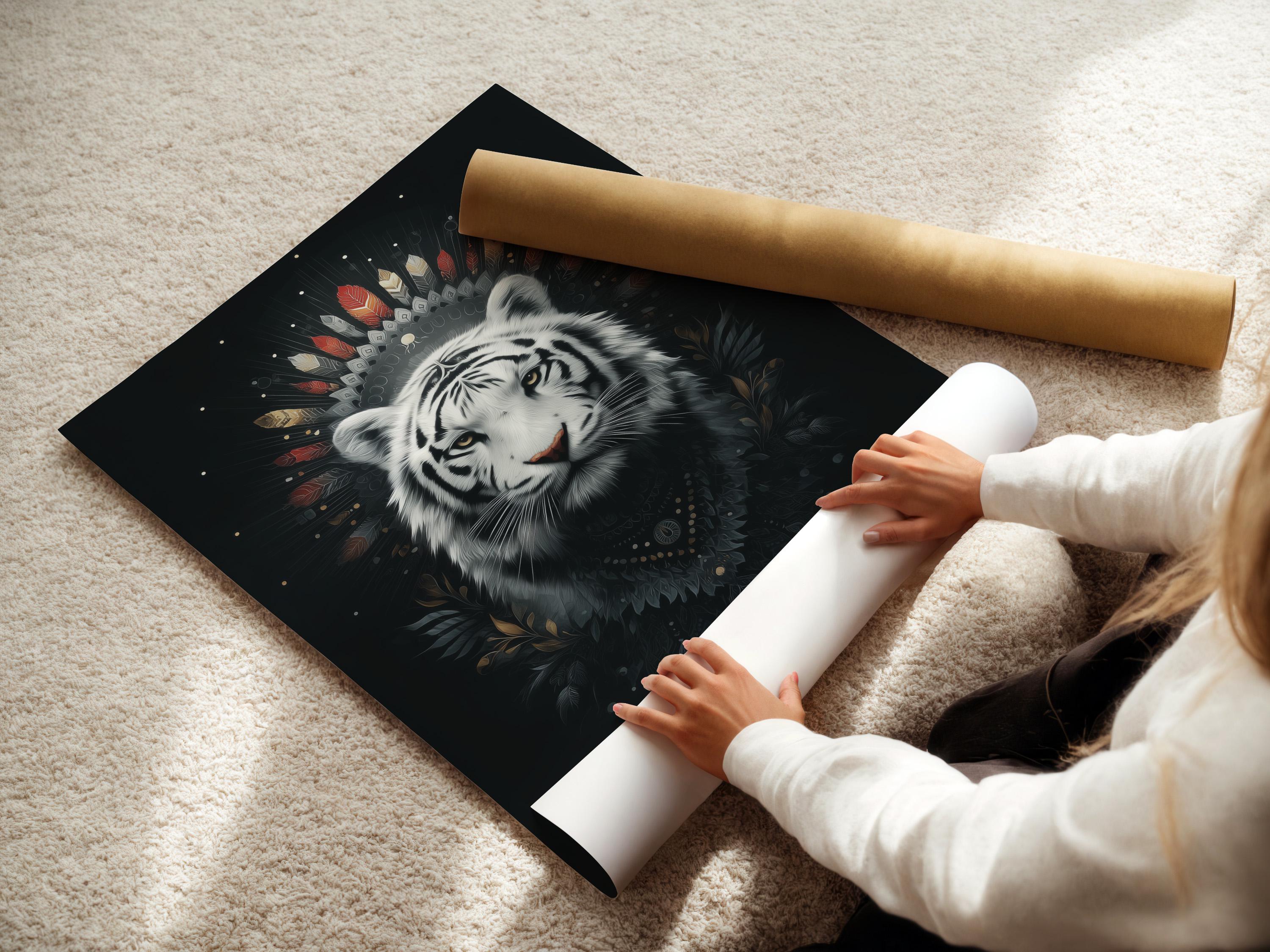 White tiger portrait with feather headdress and gold flecks on a dark background detail view