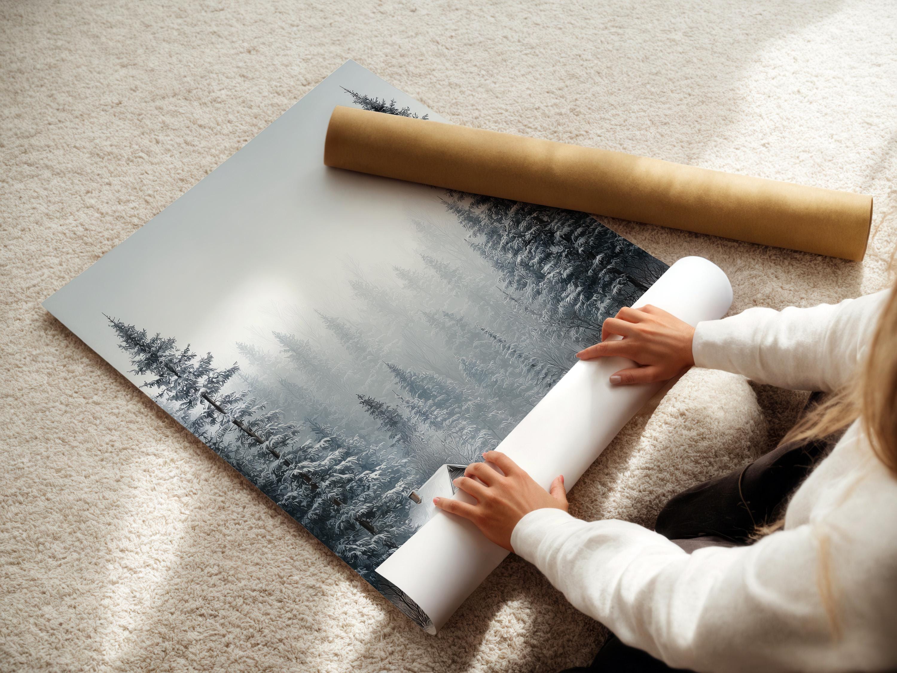 Snowy winter forest scene with pine trees, mist, and a small cabin detail view