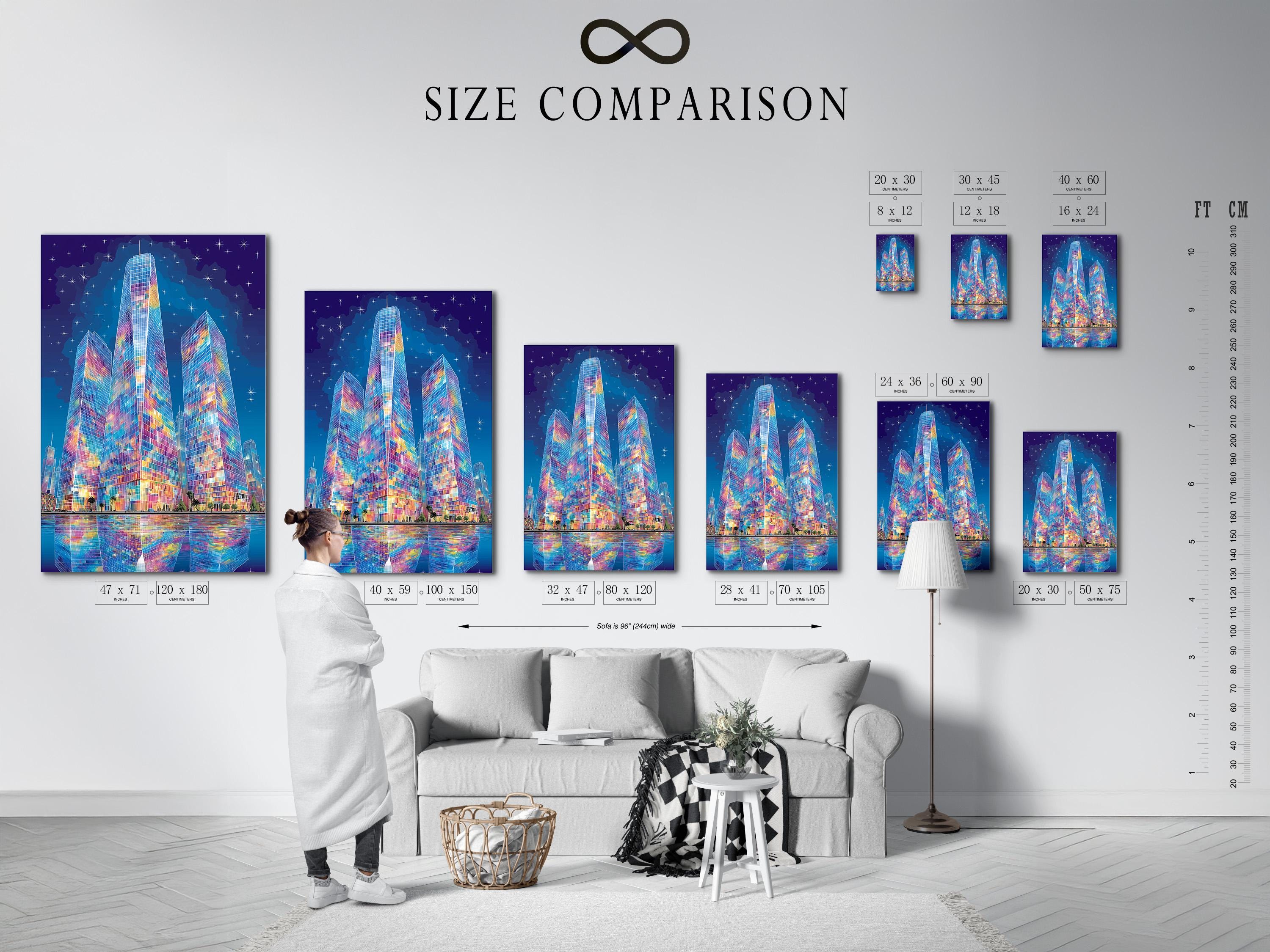 Mockup showing an artwork of a colourful abstract city skyline with skyscrapers and starry sky