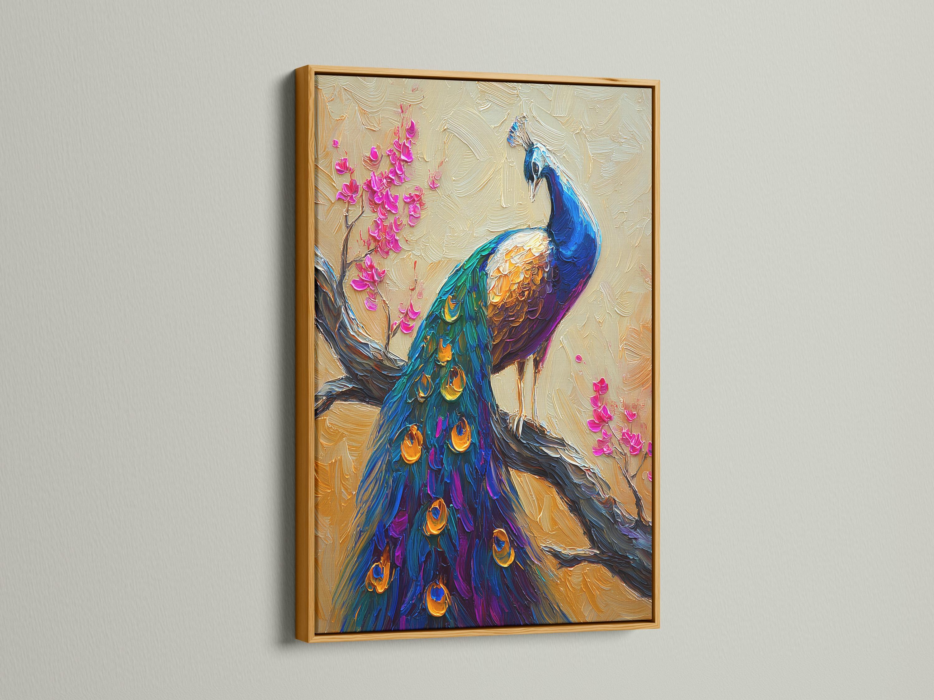 Vibrant peacock with jewel-toned blue feathers beside pink cherry blossom branches on a cream textured background detail view