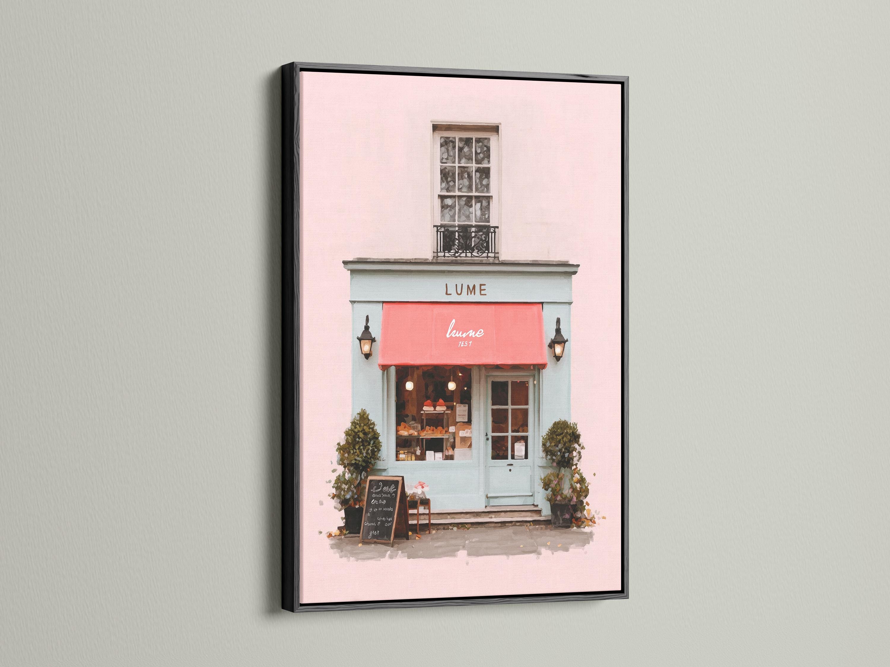 Pastel pink café front illustration with a red awning, lanterns, window and green shrubs detail view