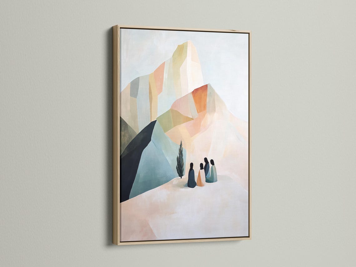 A pastel geometric mountain scene features layered cliffs and soft slopes with four silhouetted figures gathered in the foreground detail view