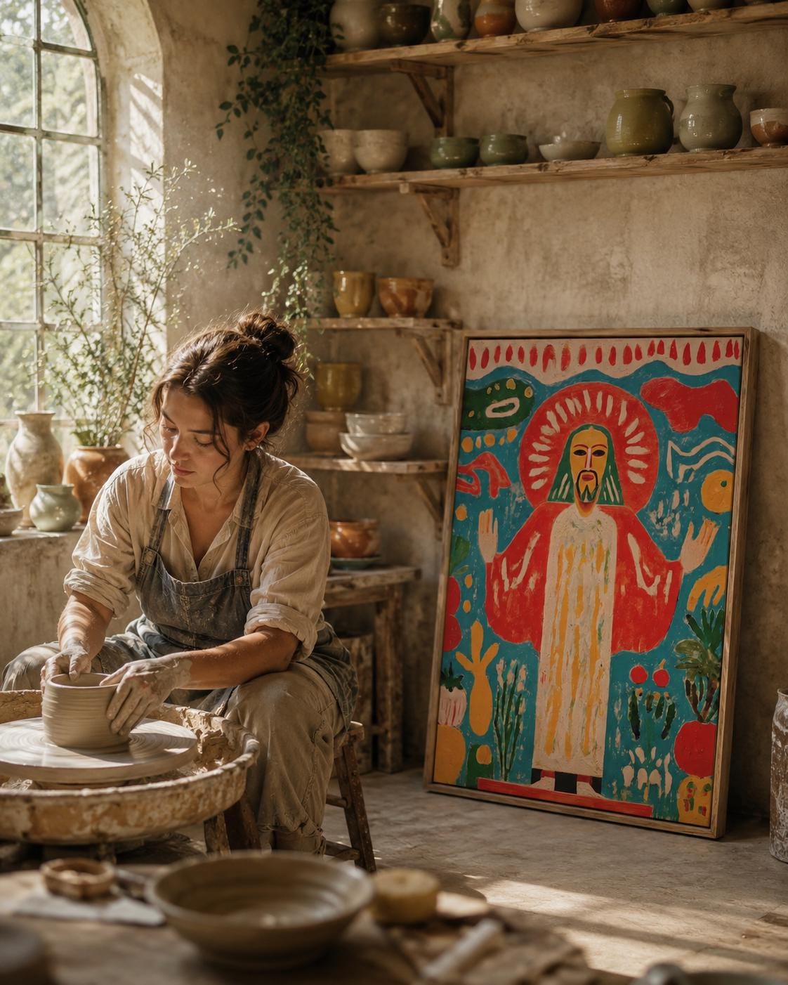 Religious sacred figure artwork displayed above a decorative console in a living room