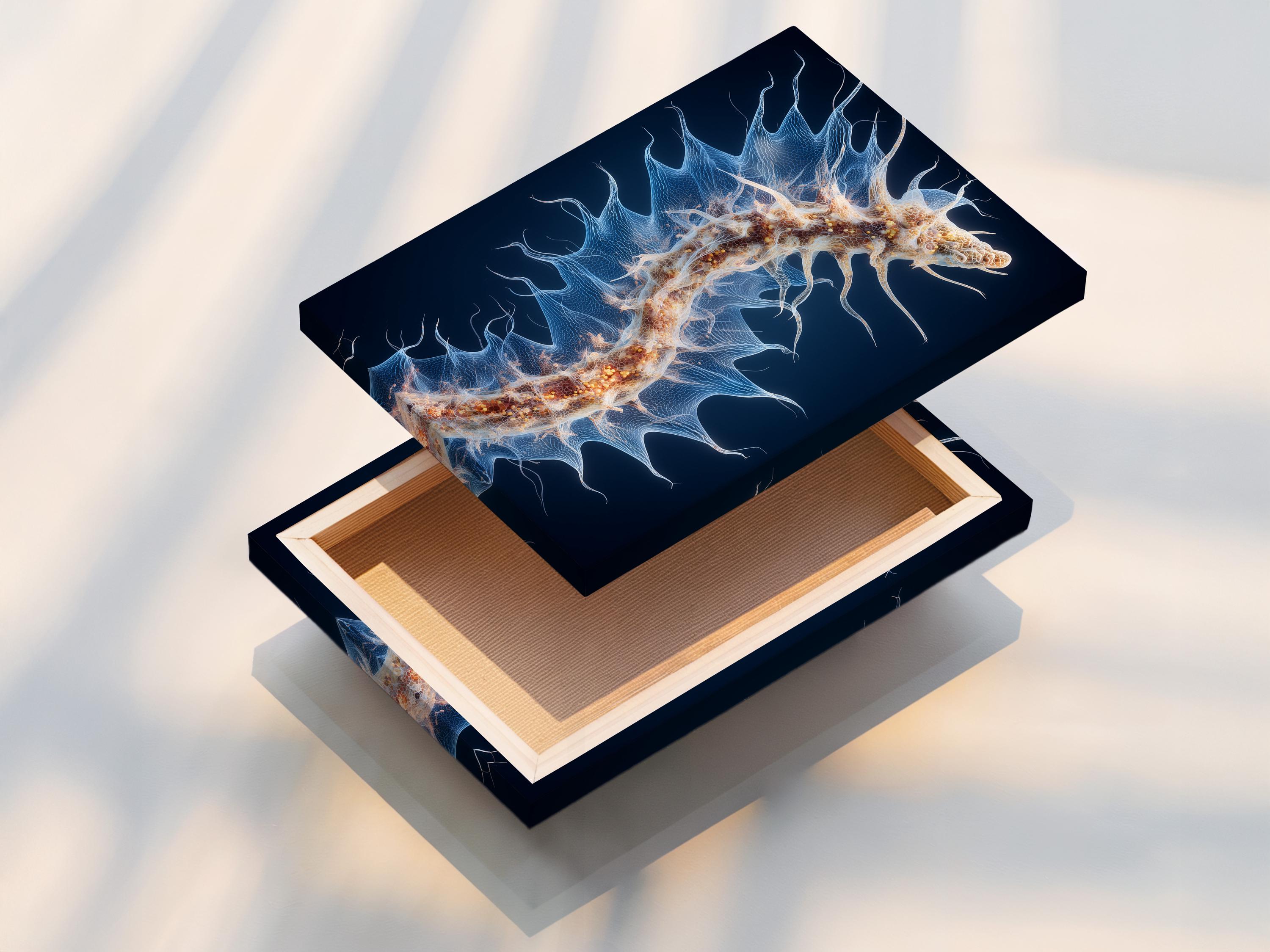 Abstract sea-anemone style artwork on a deep navy background with pale blue tendrils and gold speckles detail view