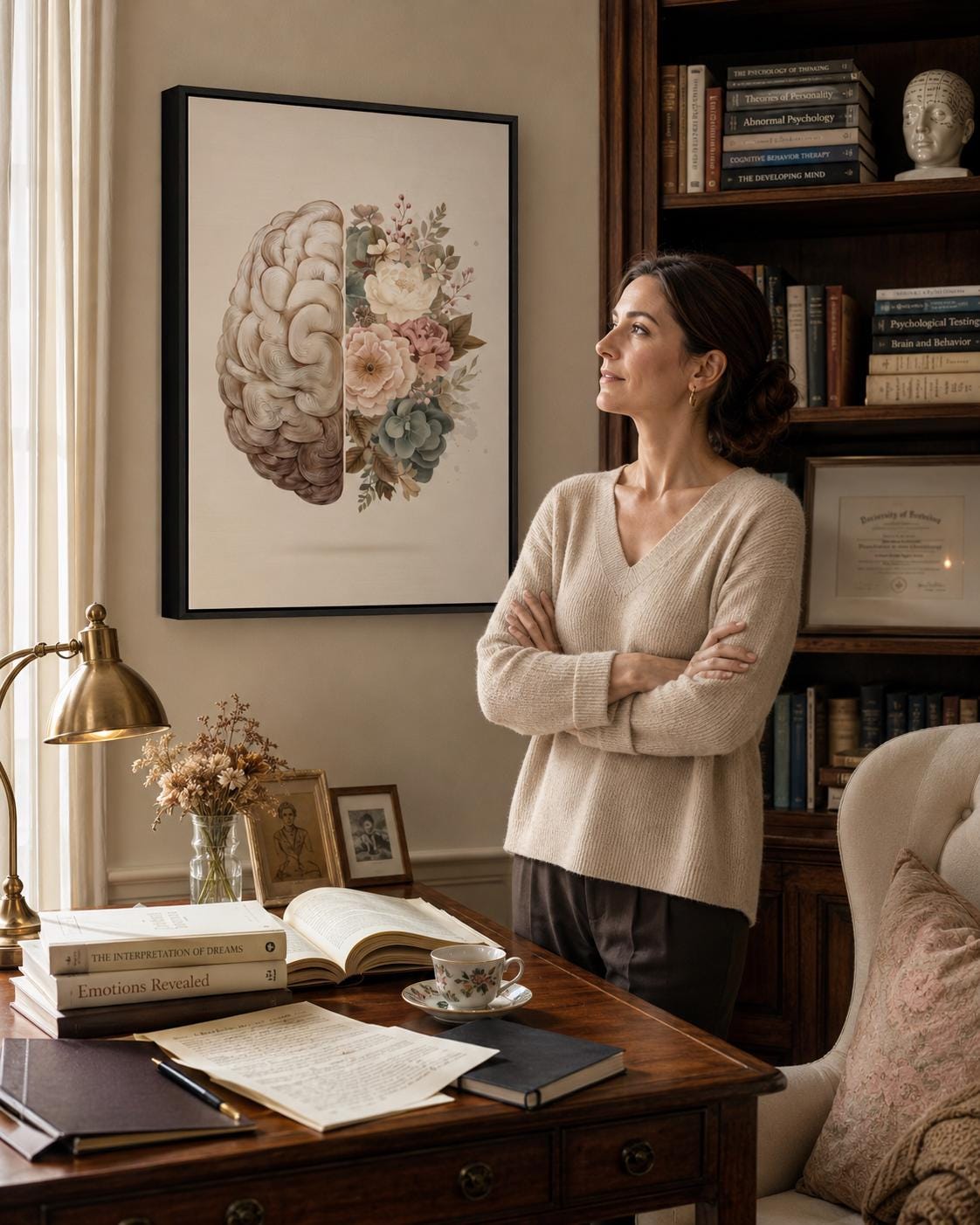 Person reading beside a framed split brain and floral artwork on a floor in a softly lit room