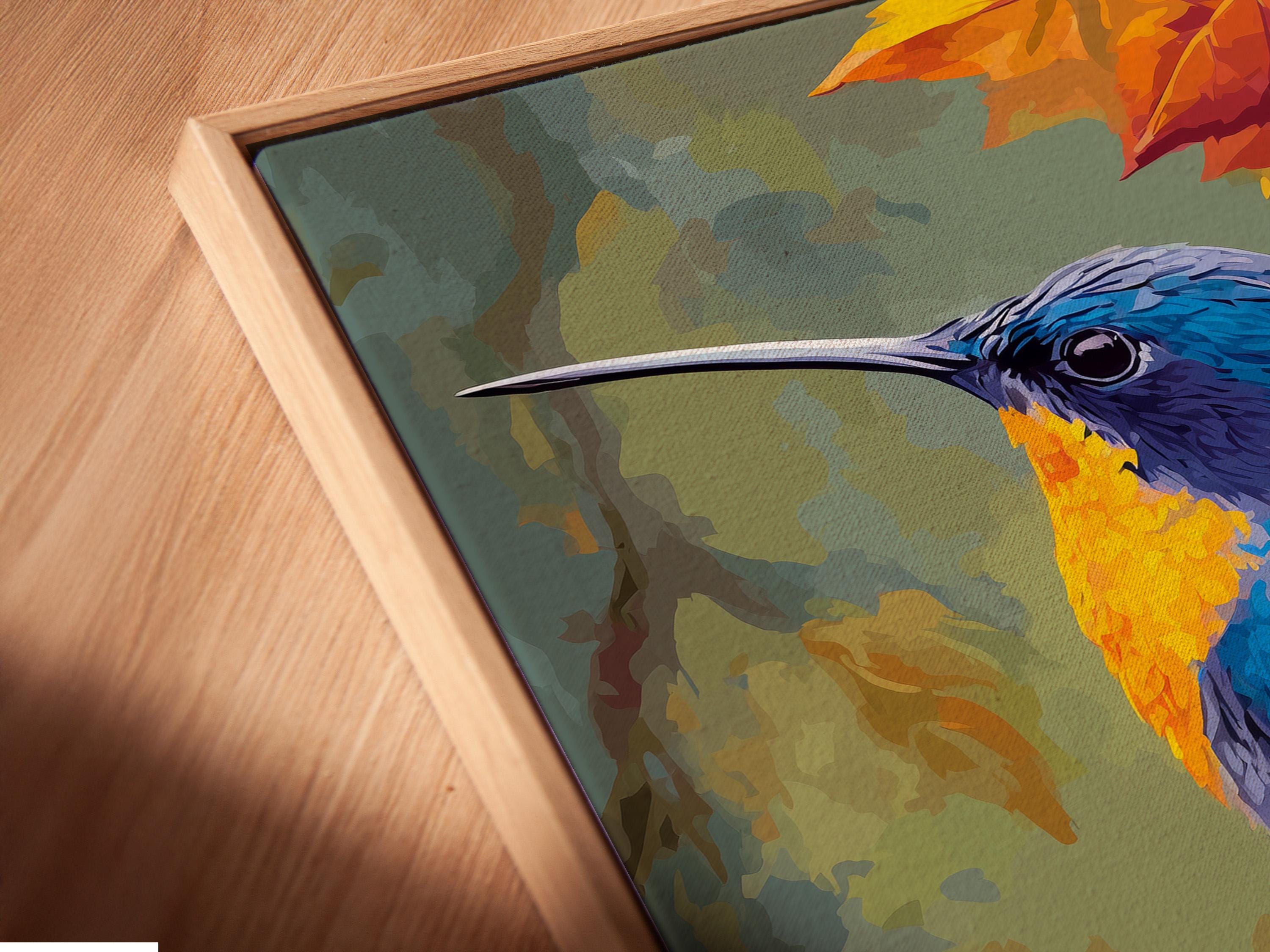 Illustrated hummingbird perched among autumn leaves in vivid blue, purple, gold and orange detail view