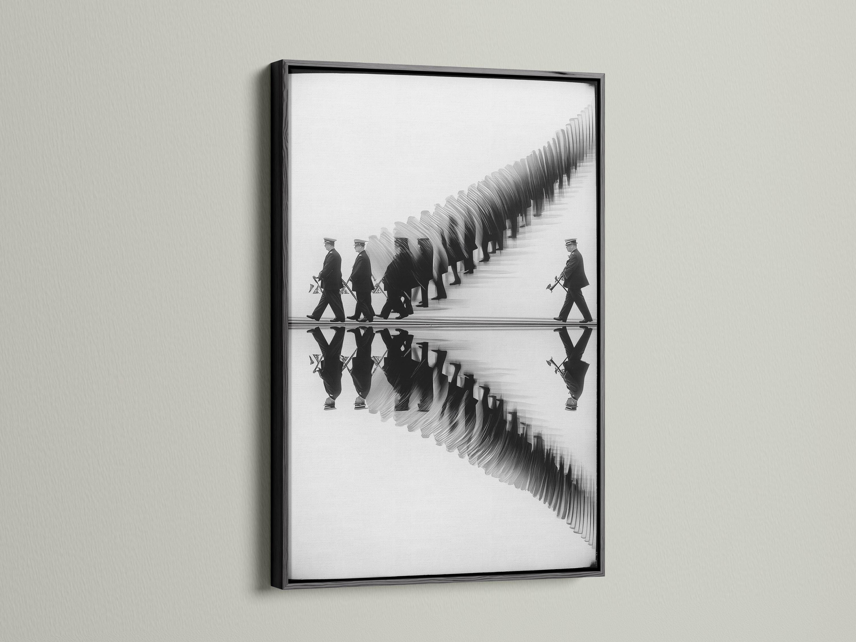 Black and white image of a marching band with mirrored reflection on a pale surface detail view