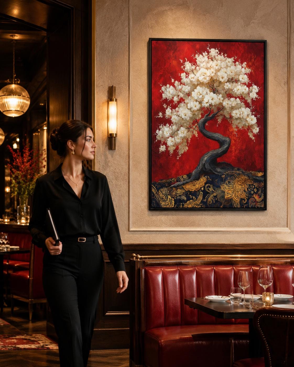 Spa reception scene with a woman seated at a reception desk and a cherry blossom tree artwork on the wall