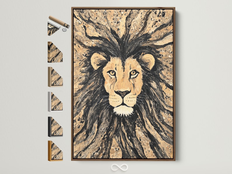 Stylised lion portrait with radiating mane strokes in beige, black and gold tones