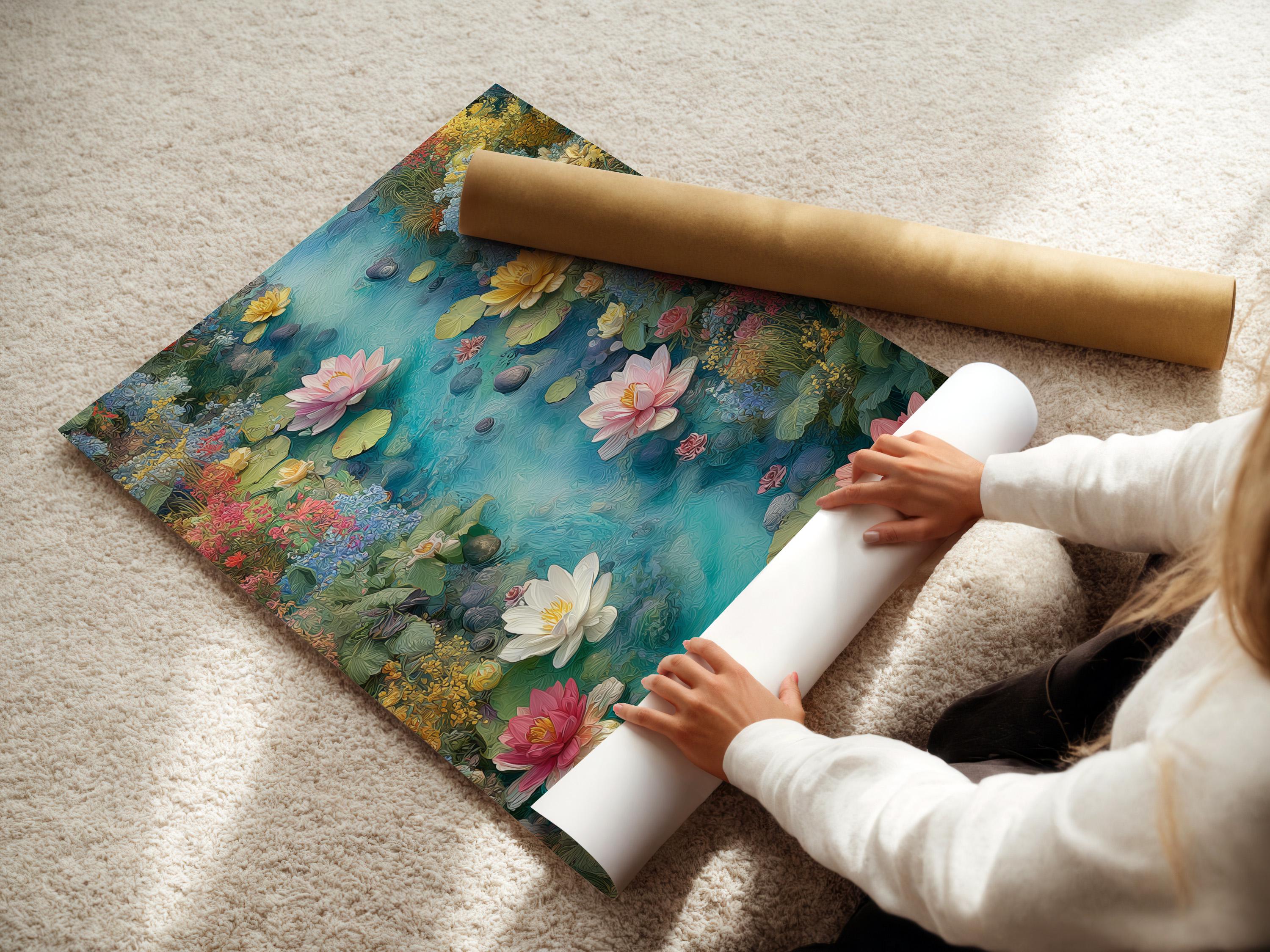Lotus pond floral wall artwork mockup with teal water and pink blooms