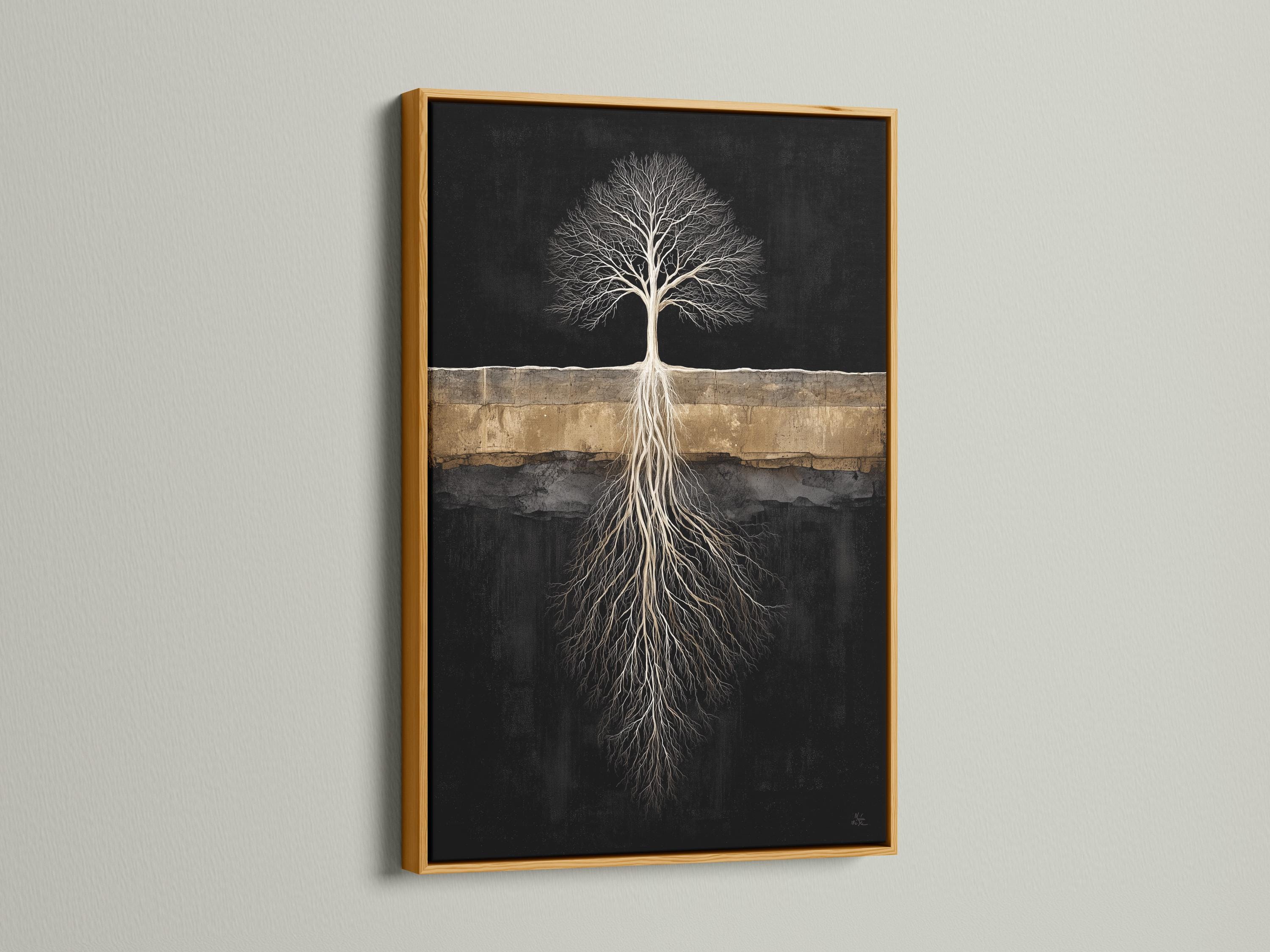 Room mockup with a person reading and a dark tree roots artwork above a bed