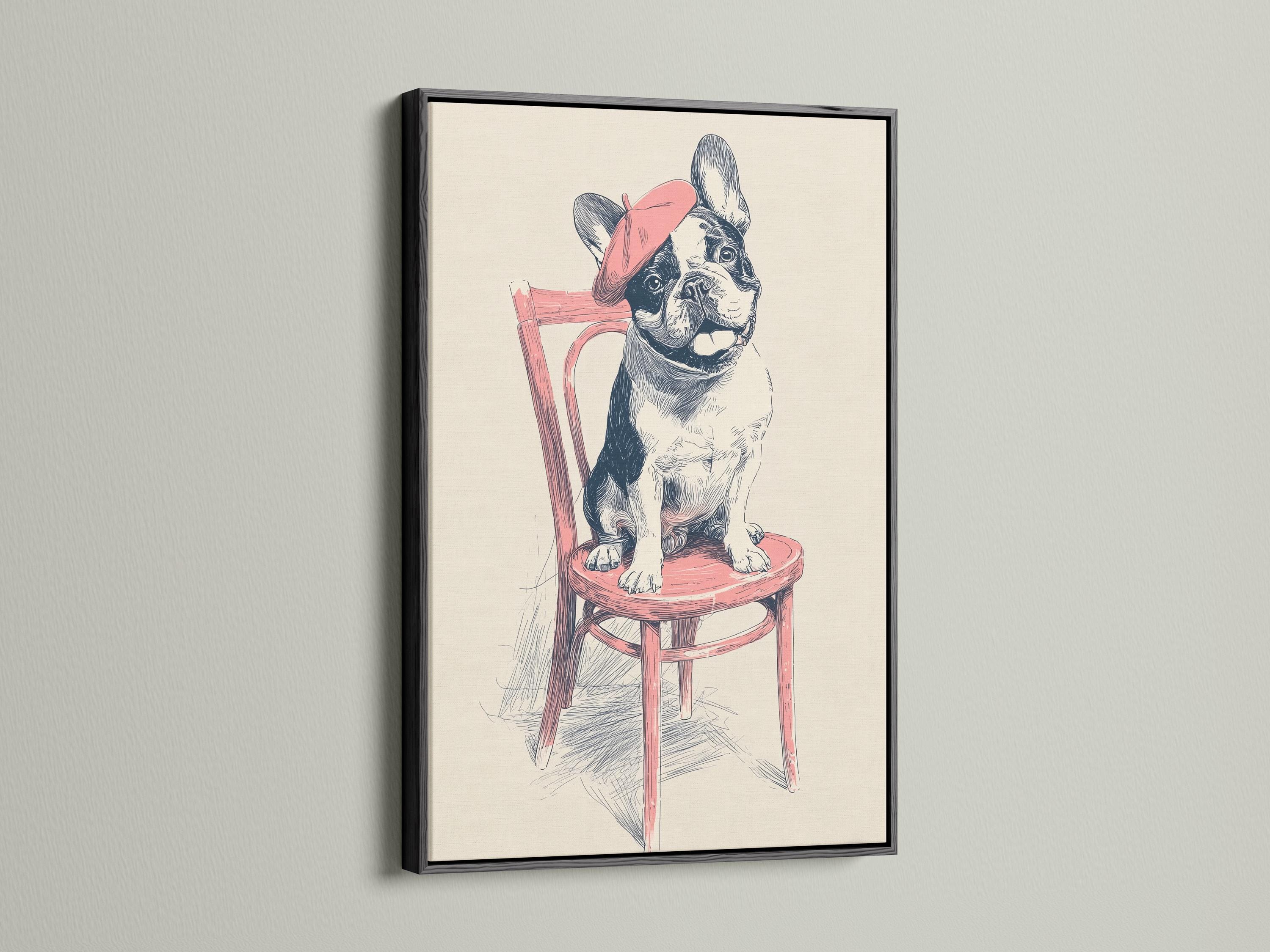 Seated dog wearing a pink beret and sitting on a pink stool, drawn with ink sketch lines detail view