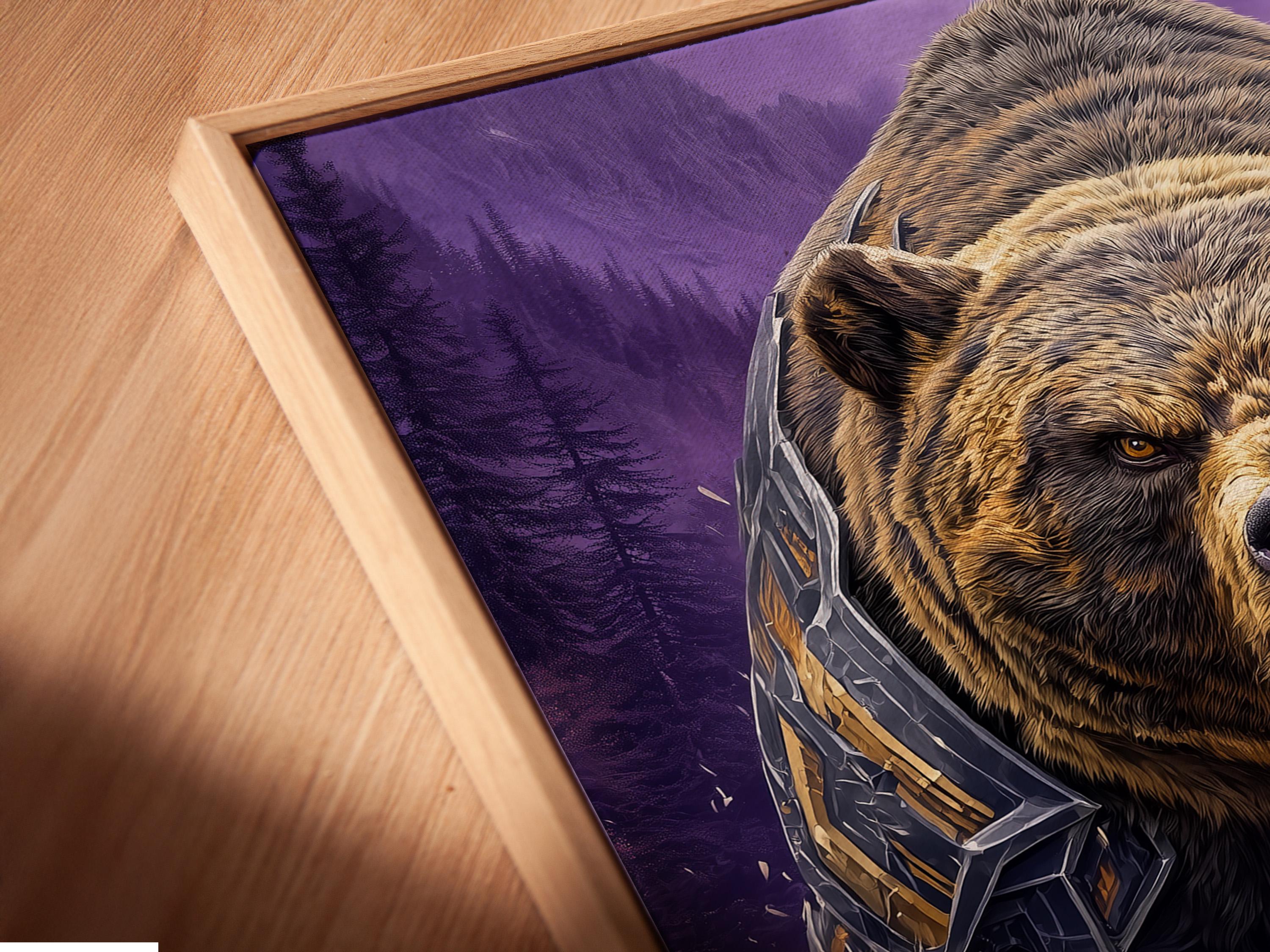 Roaring armoured bear in a purple mountain fantasy scene with gold accents and a white splash detail view