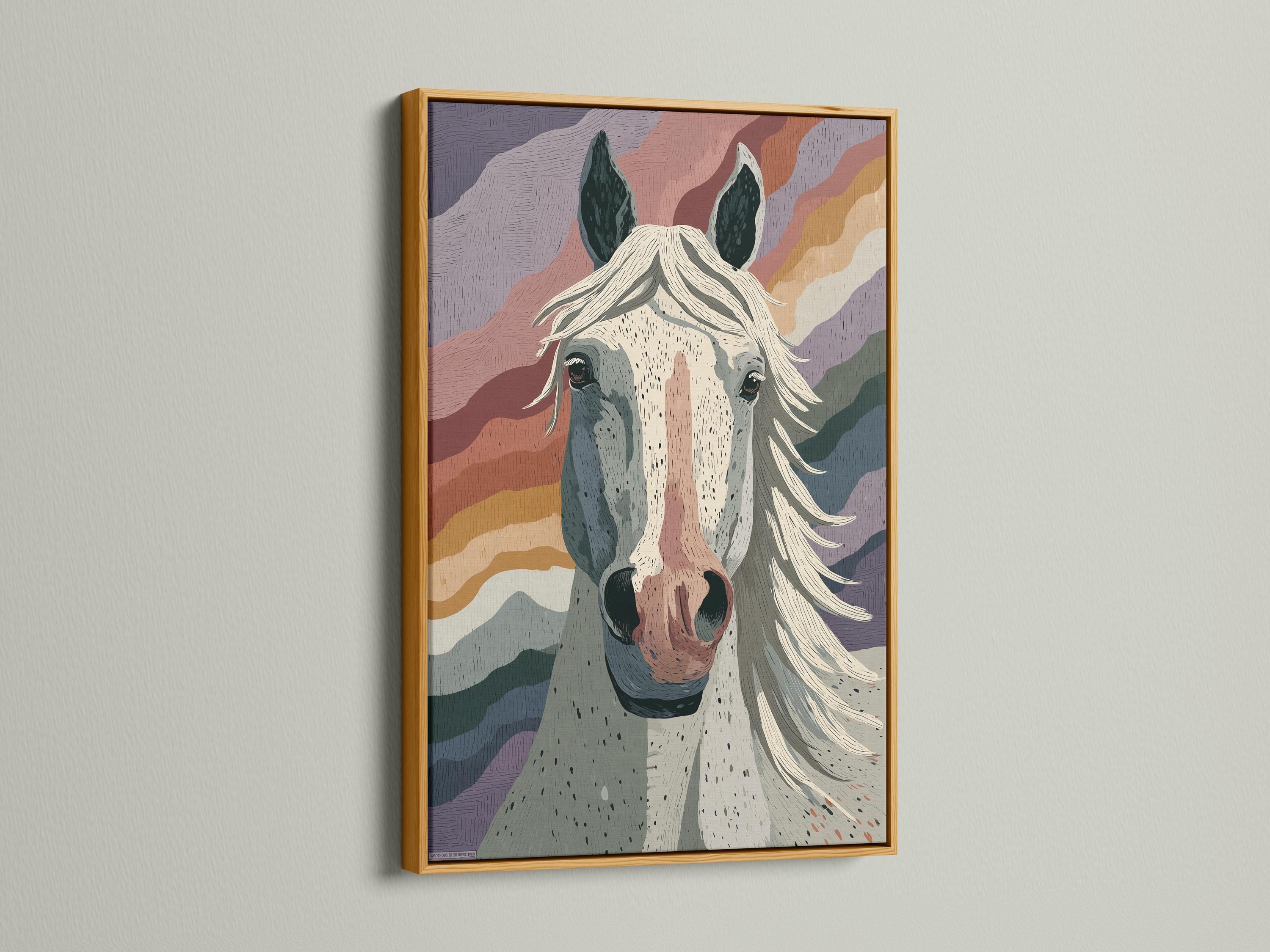 Abstract portrait of a horse head with cream muzzle, dark ears and flowing mane over layered wave-like bands detail view