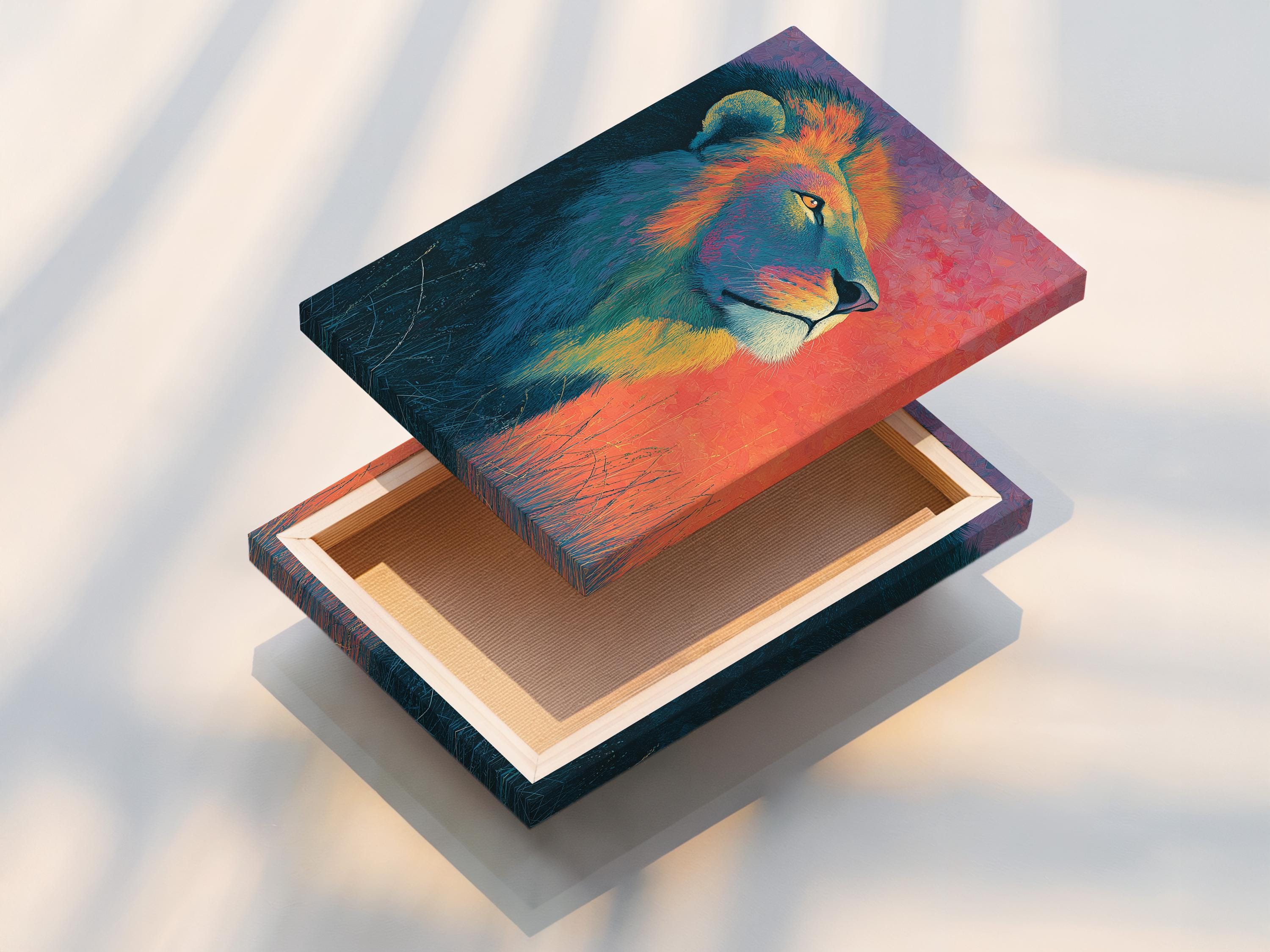 Room mockup showing a framed lion portrait in teal, coral and gold colours