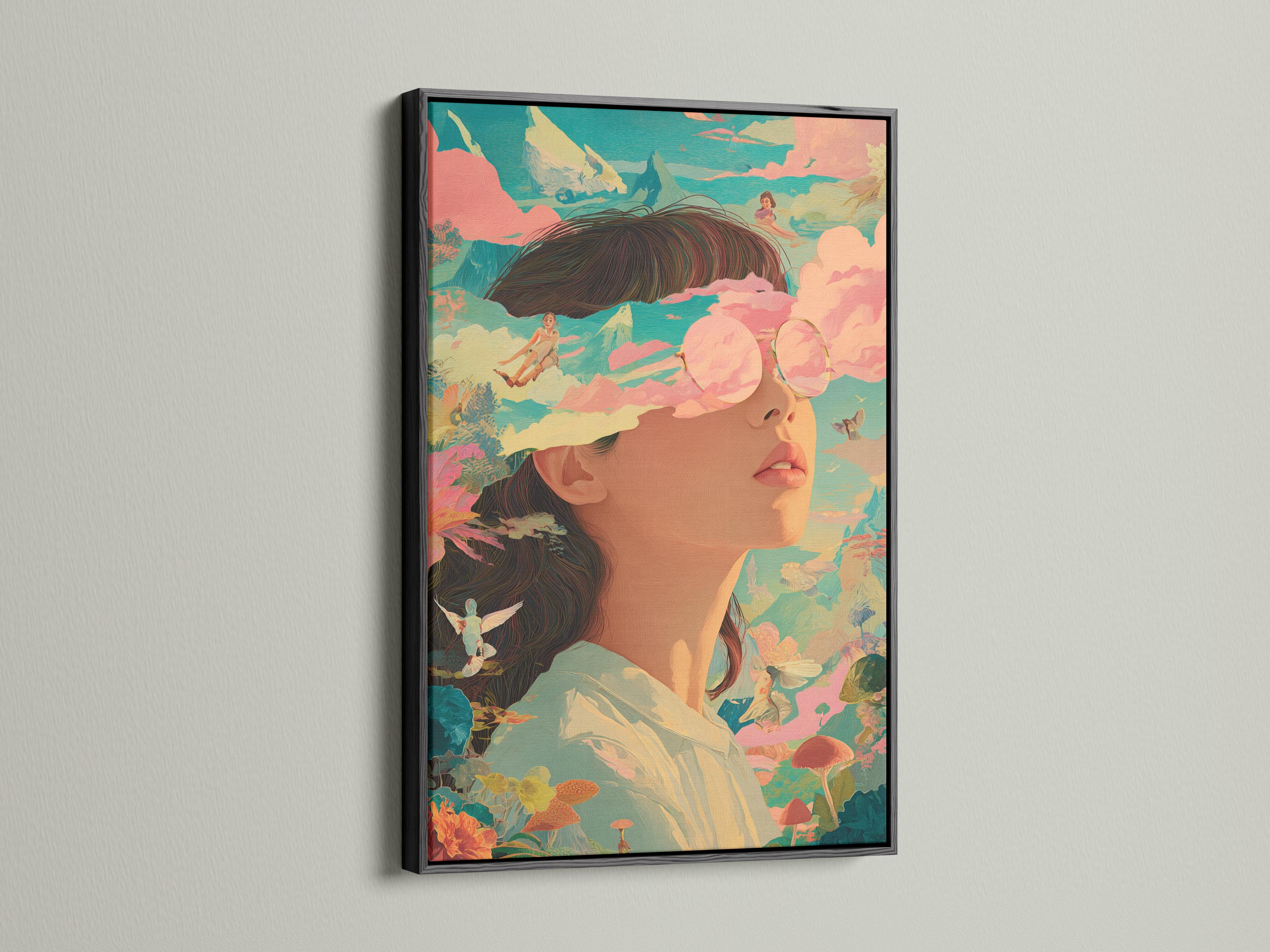 Surreal portrait of a woman with warm blush tones, clouds, foliage, and small birds detail view