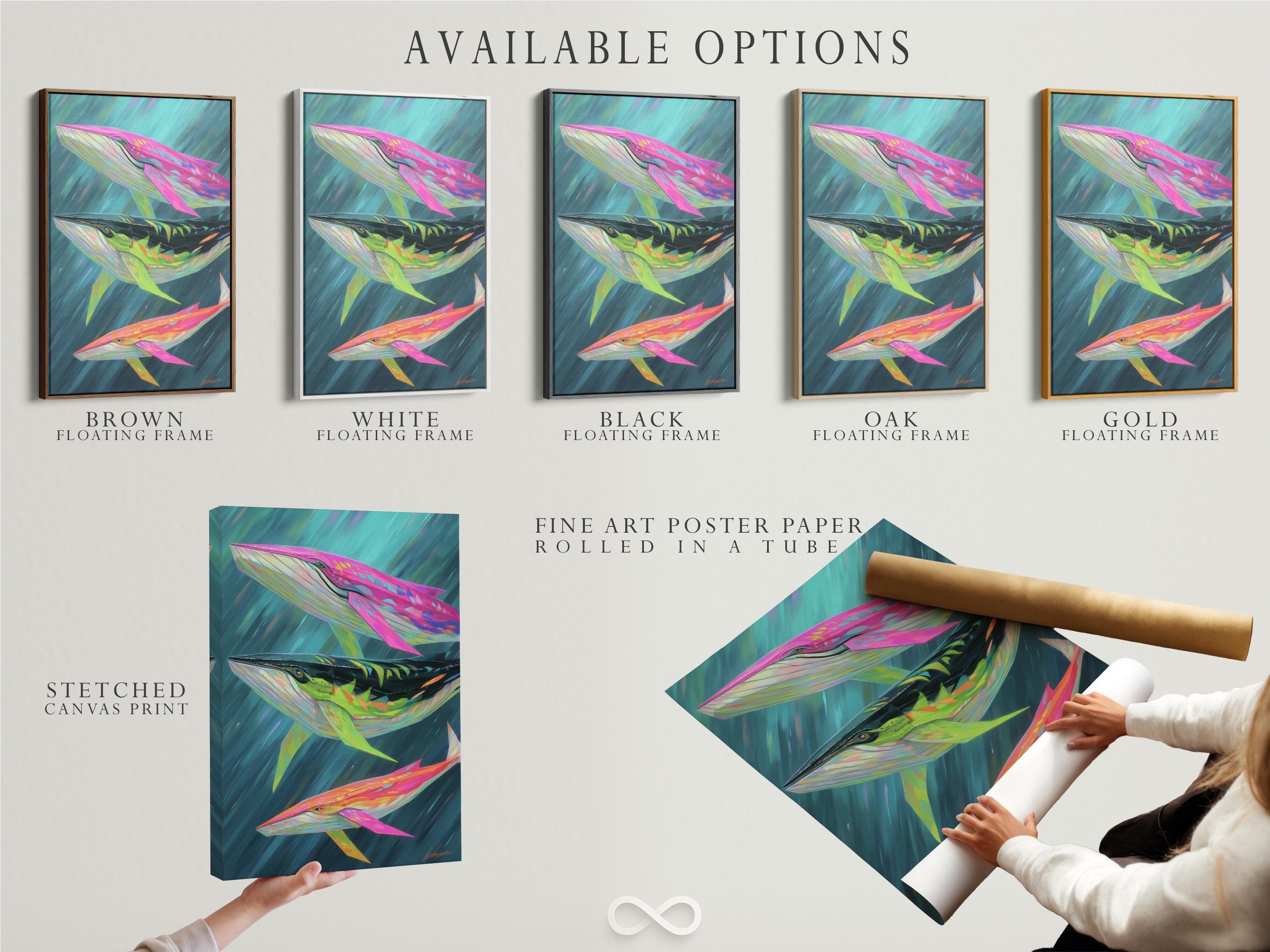 Artwork mockup showing a framed whale ocean illustration on a light background with colour variants