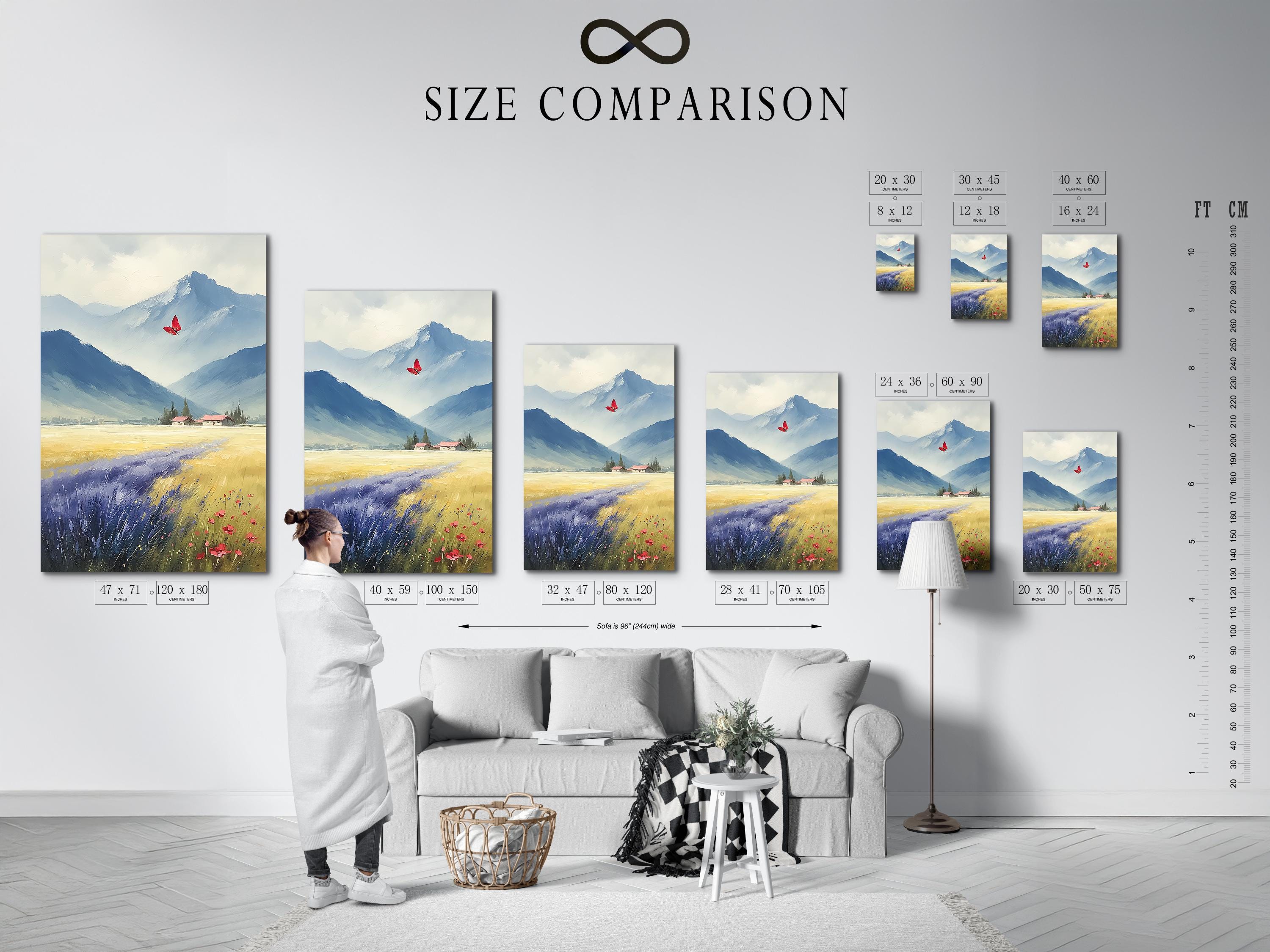 Room mockup showing a framed blue mountain landscape artwork with a red butterfly