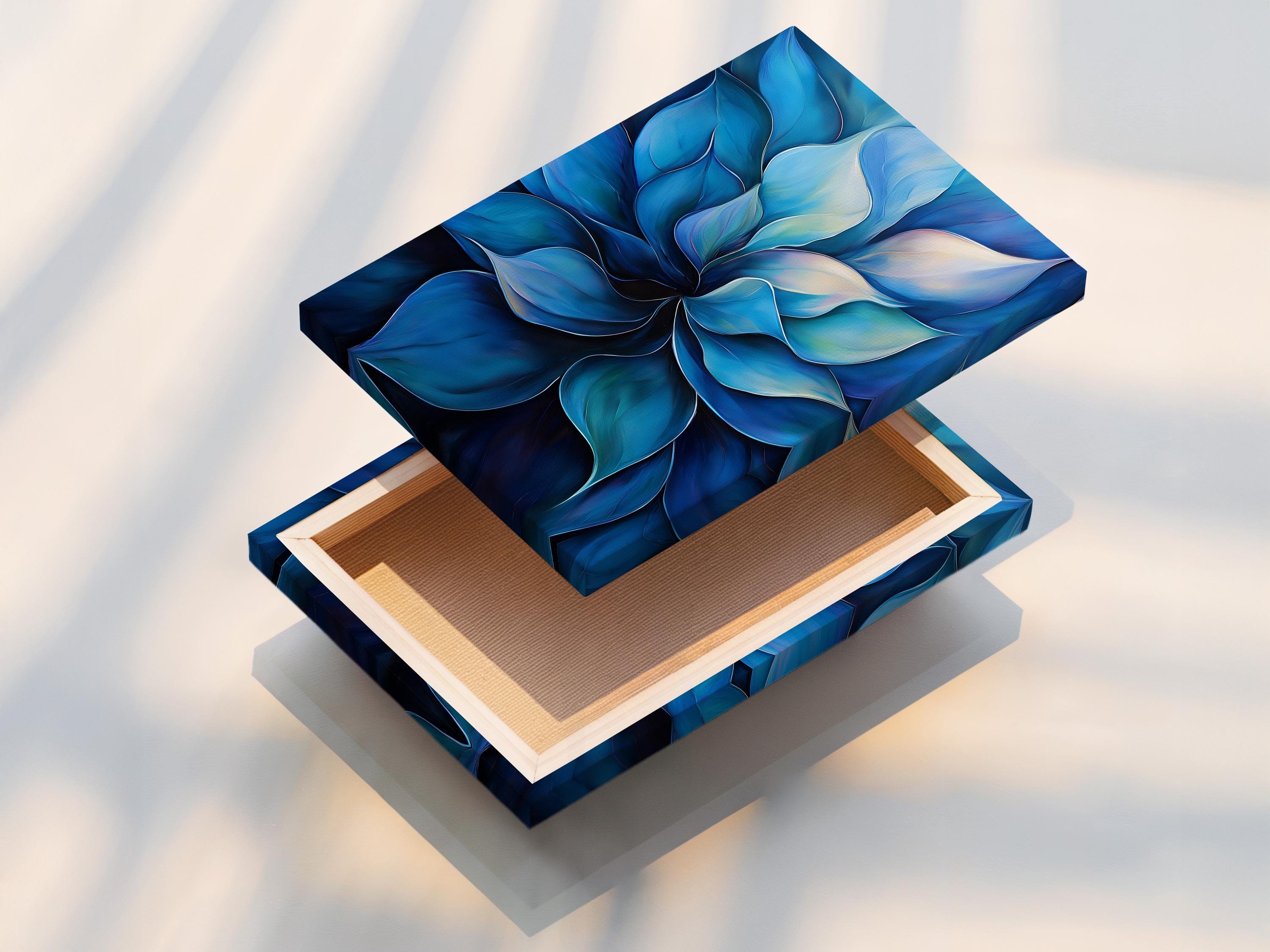 Blue abstract botanical artwork with layered petals and ivory highlights detail view