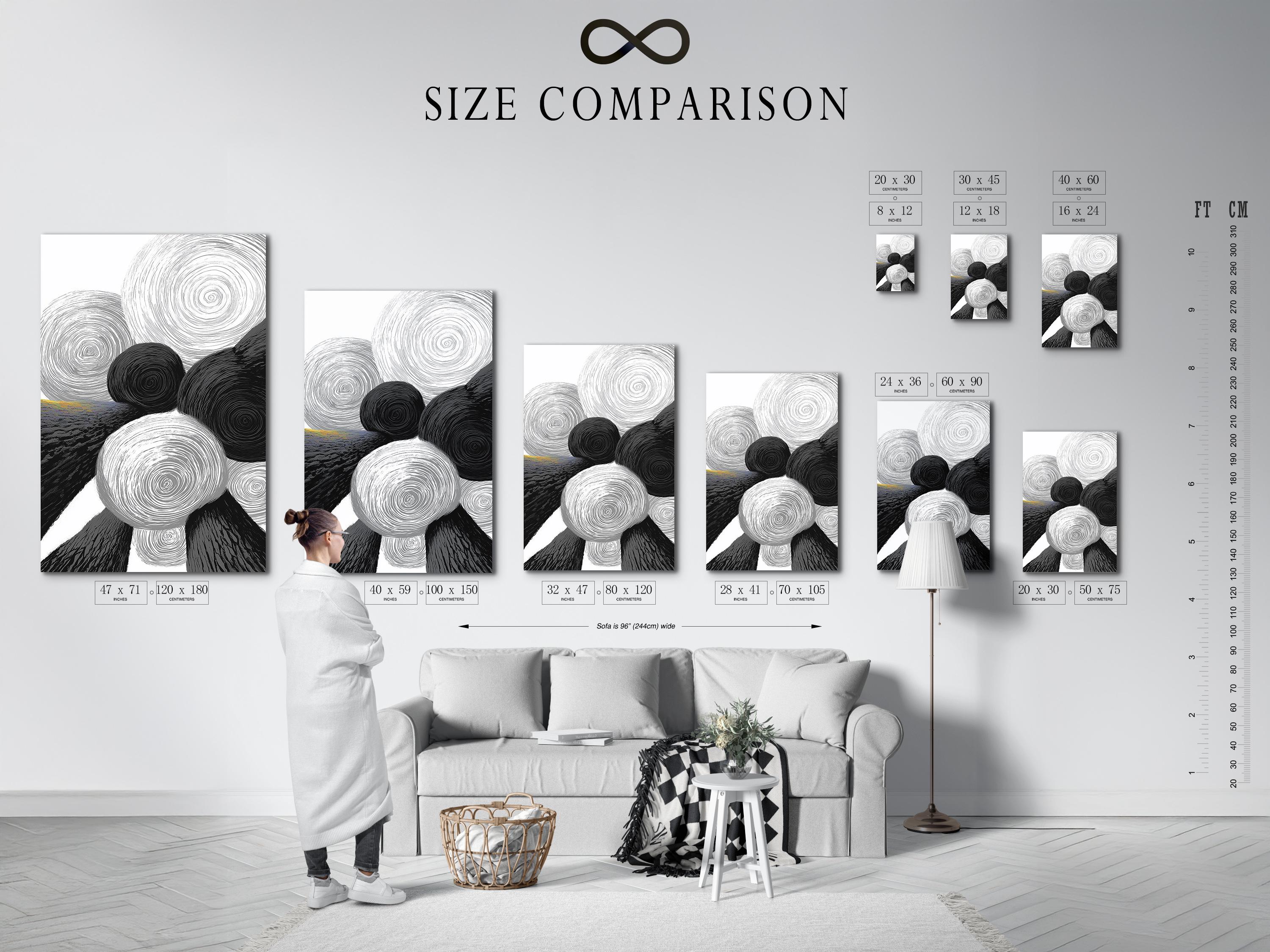 Monochrome abstract artwork with overlapping swirling rings in black, white and grey detail view