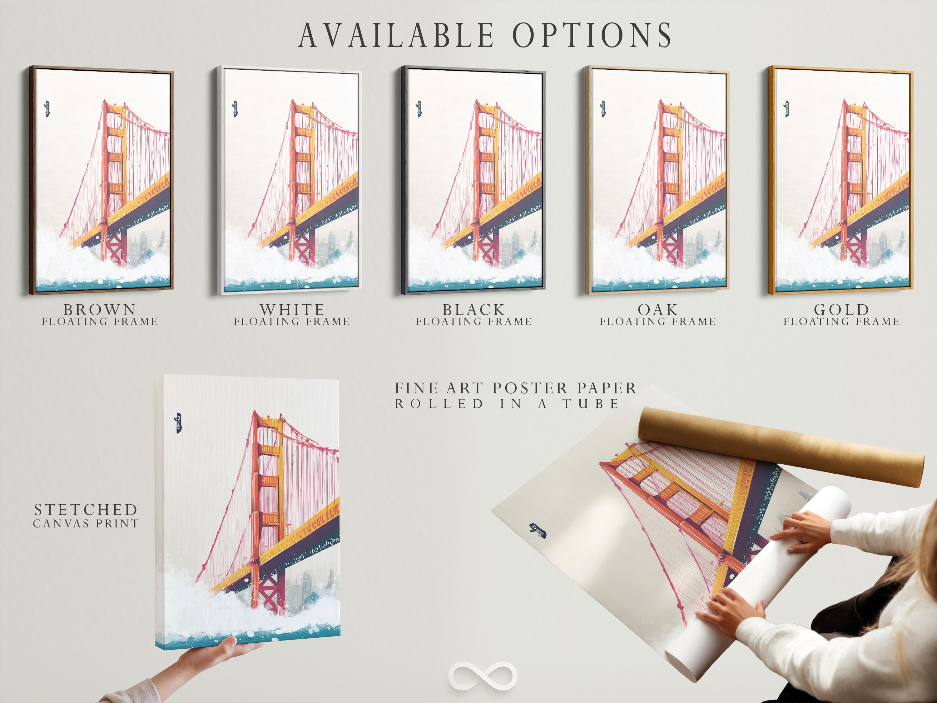 Stylised red and gold suspension bridge with teal water and faint skyline buildings detail view