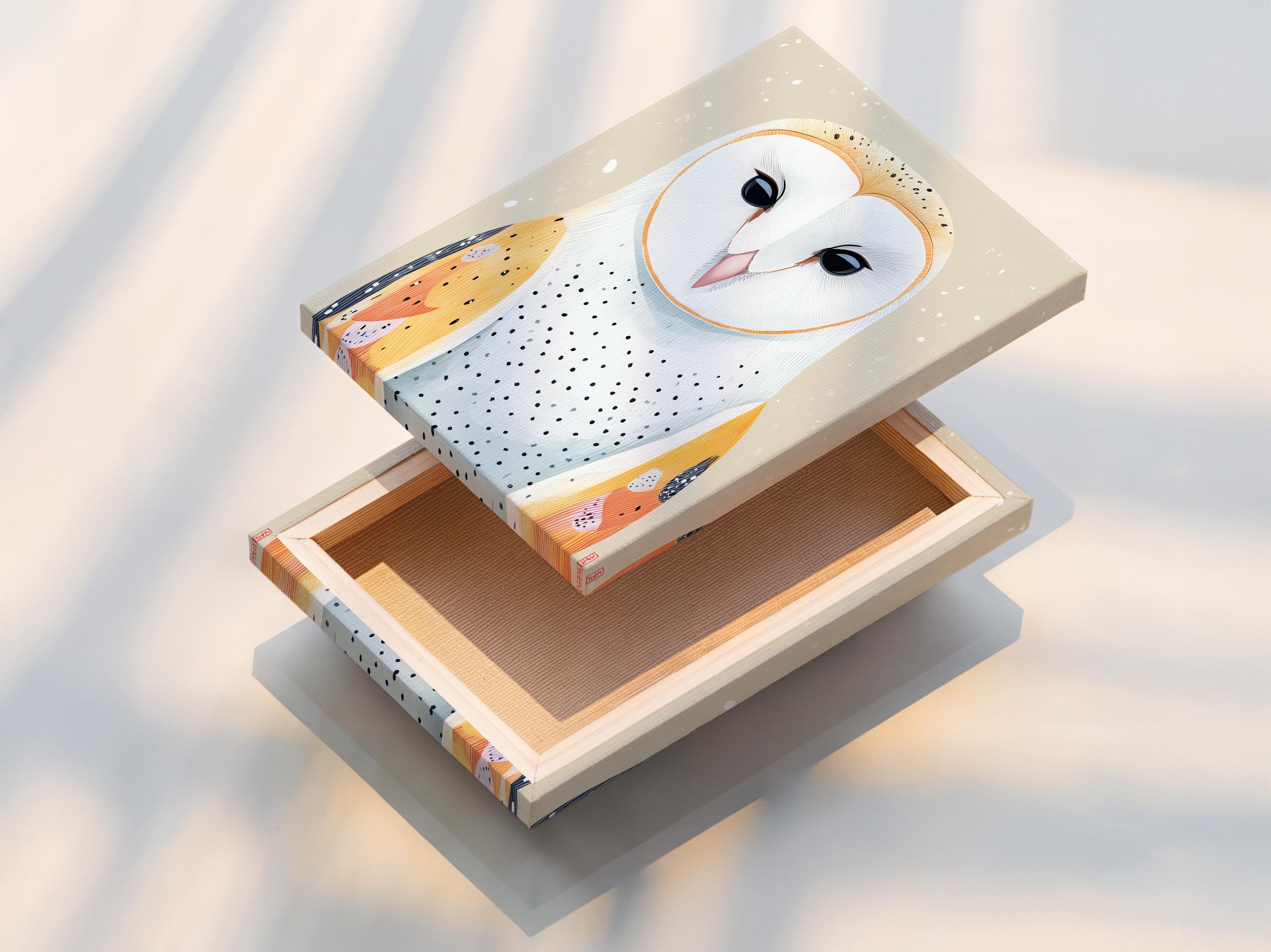 Room mockup showing a framed owl artwork with neutral beige background and orange and blue details