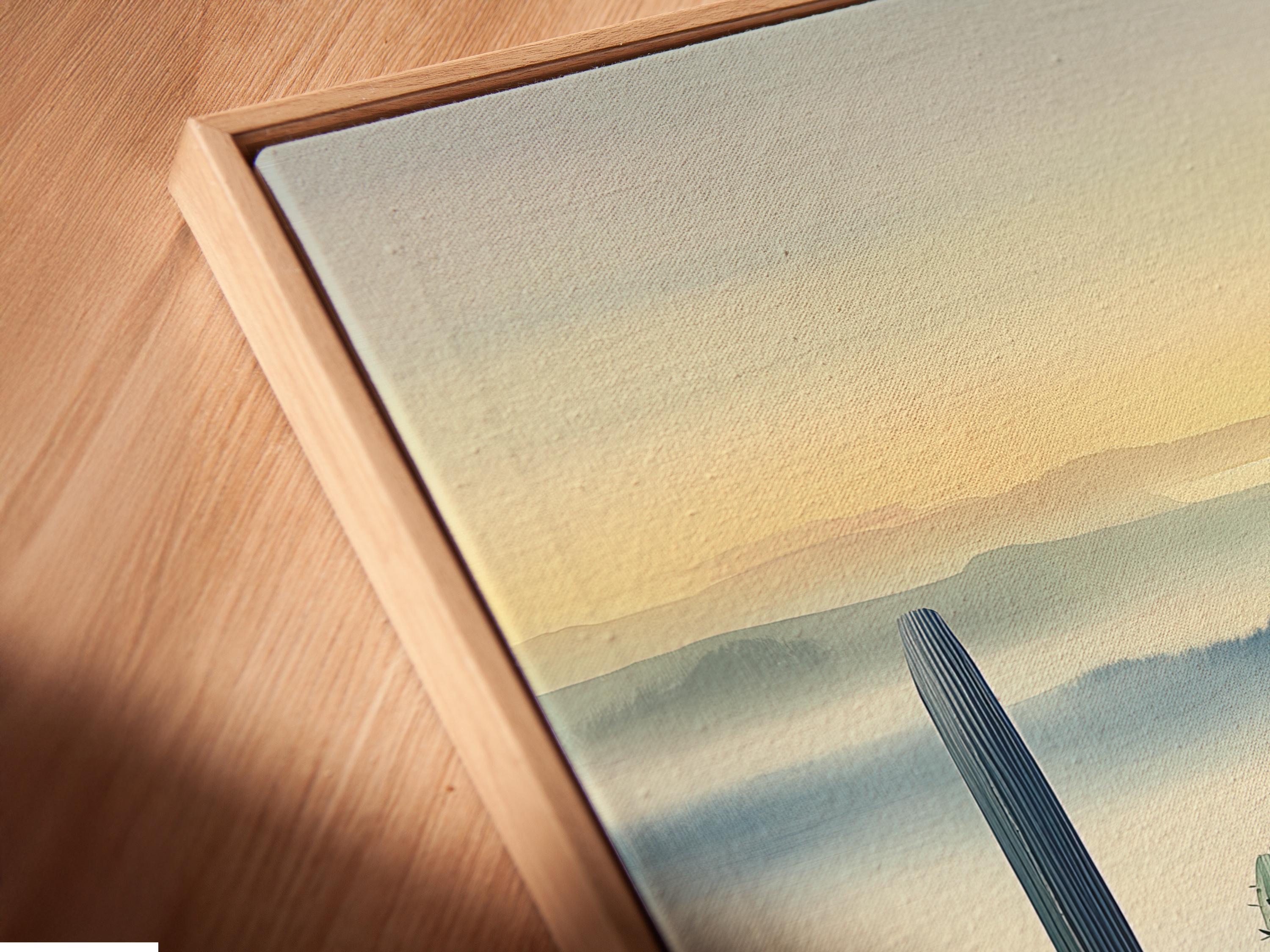 Illustrated desert landscape with tall cactus silhouettes, hazy blue distance layers and small birds detail view