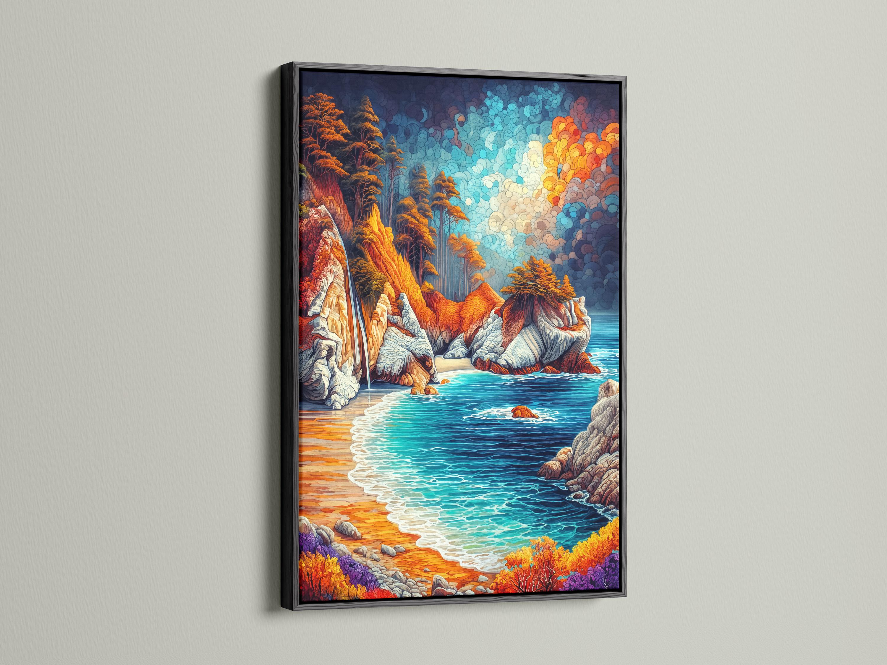Vibrant ocean shoreline seascape with turquoise waves, orange cliffs and textured blue sky circles detail view