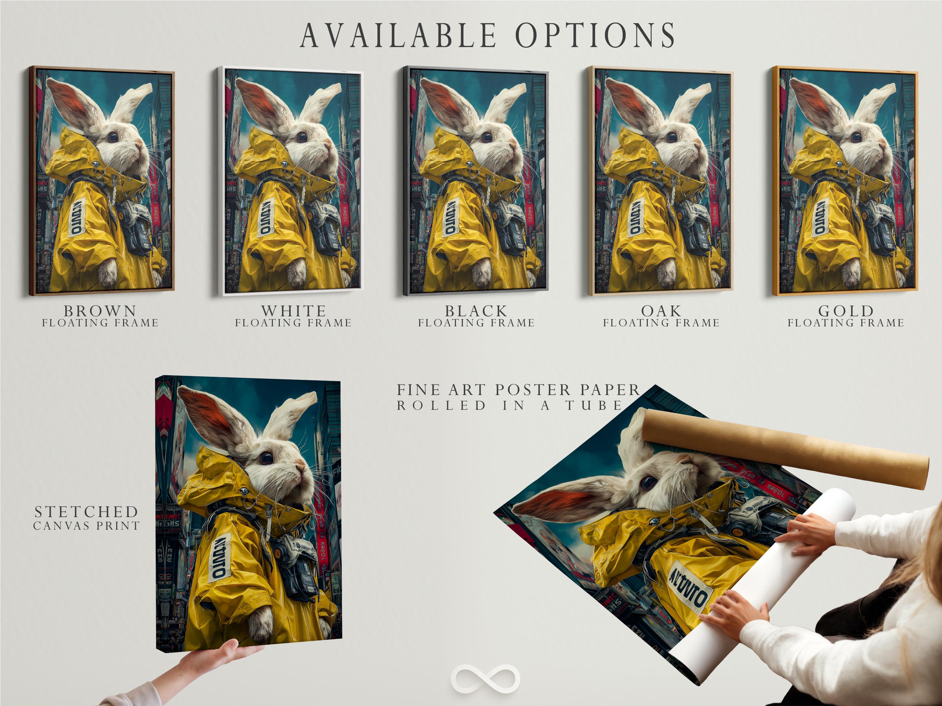 White rabbit wearing a yellow raincoat in a neon cyberpunk city scene detail view