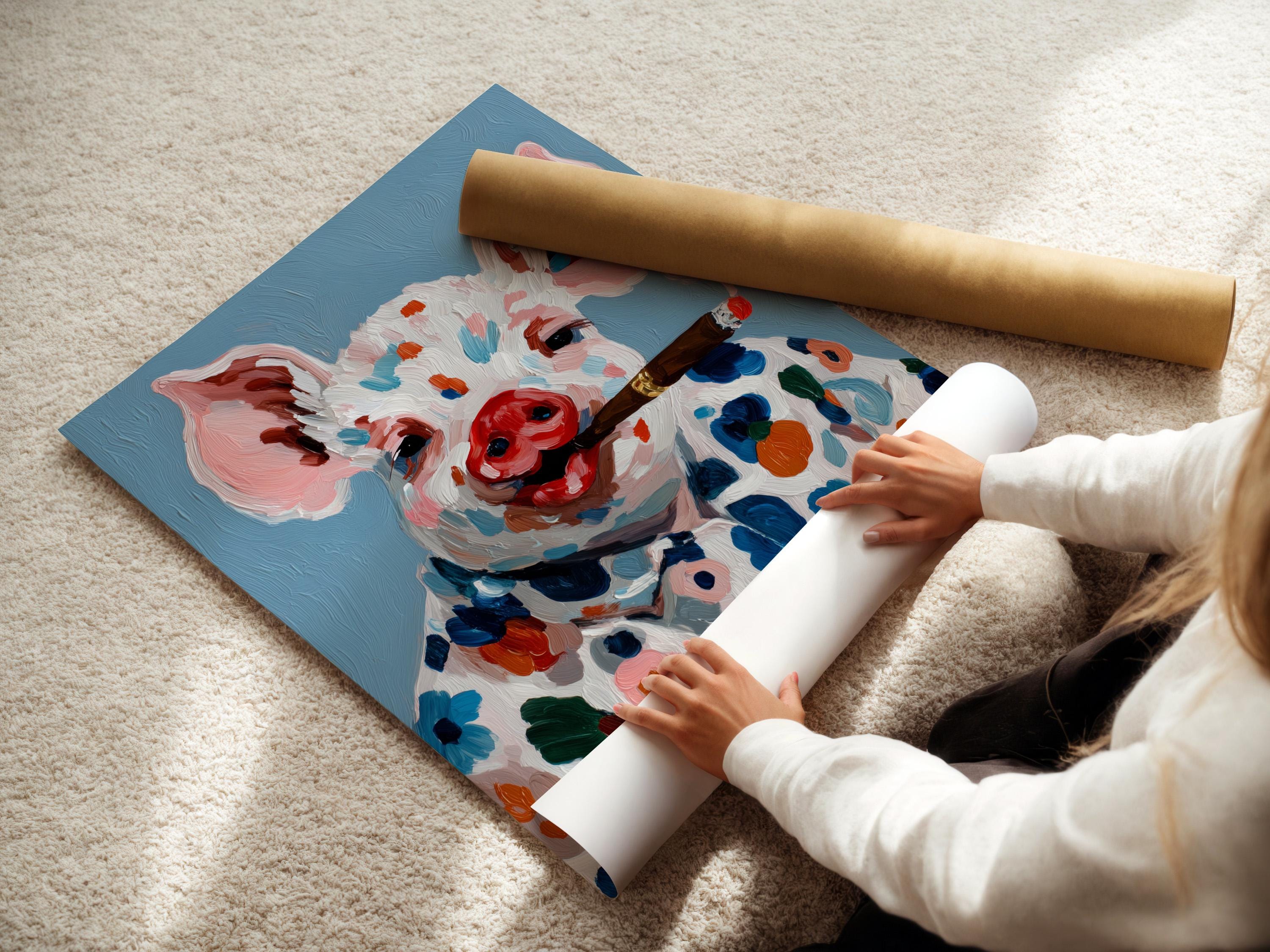Painted pig portrait holding a cigar, with colourful floral and leaf shapes on a blue background detail view